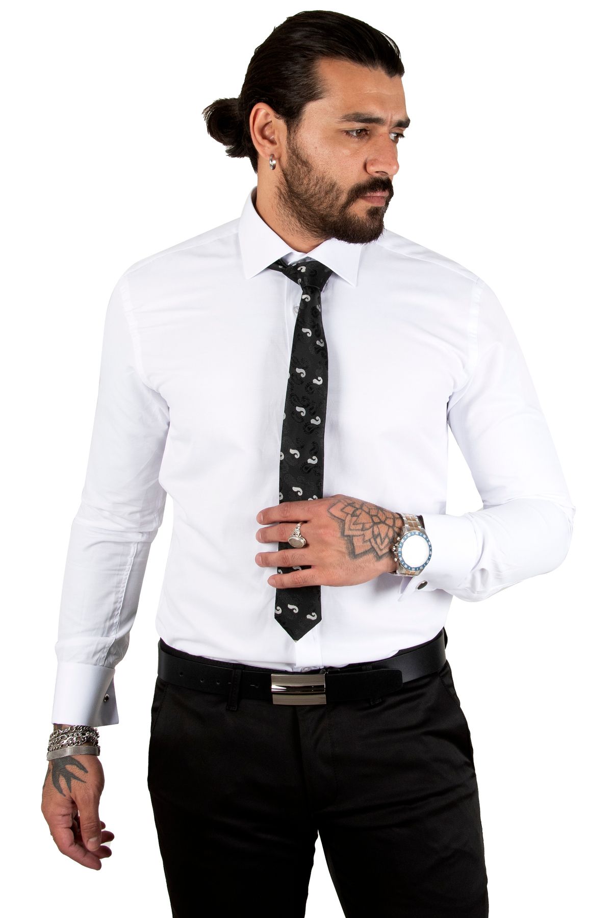 DeepSEA-Men's White Stand Collar Slim Fit Cut Cotton Satin Shirt2209615 5