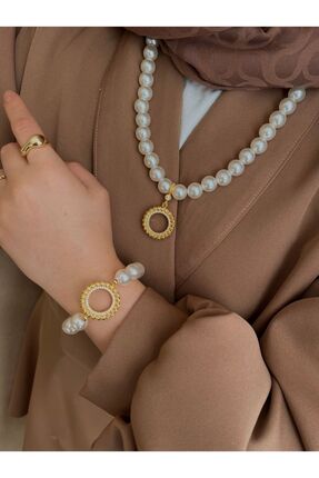 ENT COLLECTİON Dorika model çeyrek altın uyumlu incili kolye ve incili bilekl...