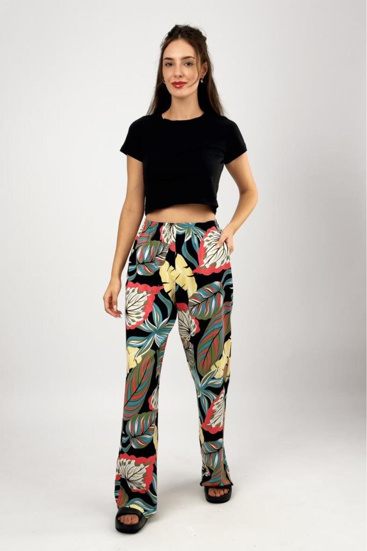 Betimoda-Yellow Leaf Pattern - Soft Viscose Oversize Palazzo Pants with Pockets 2