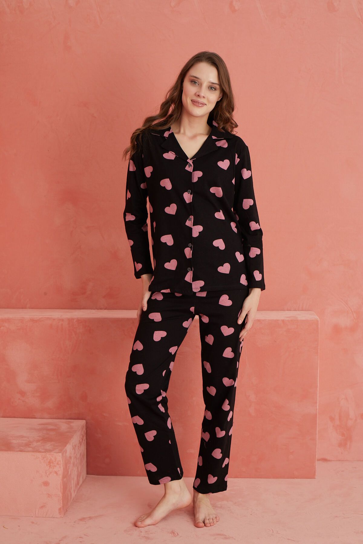 ELİTOL-Black Heart Patterned Long Sleeve Knitted Front Buttoned Pajama Set 2