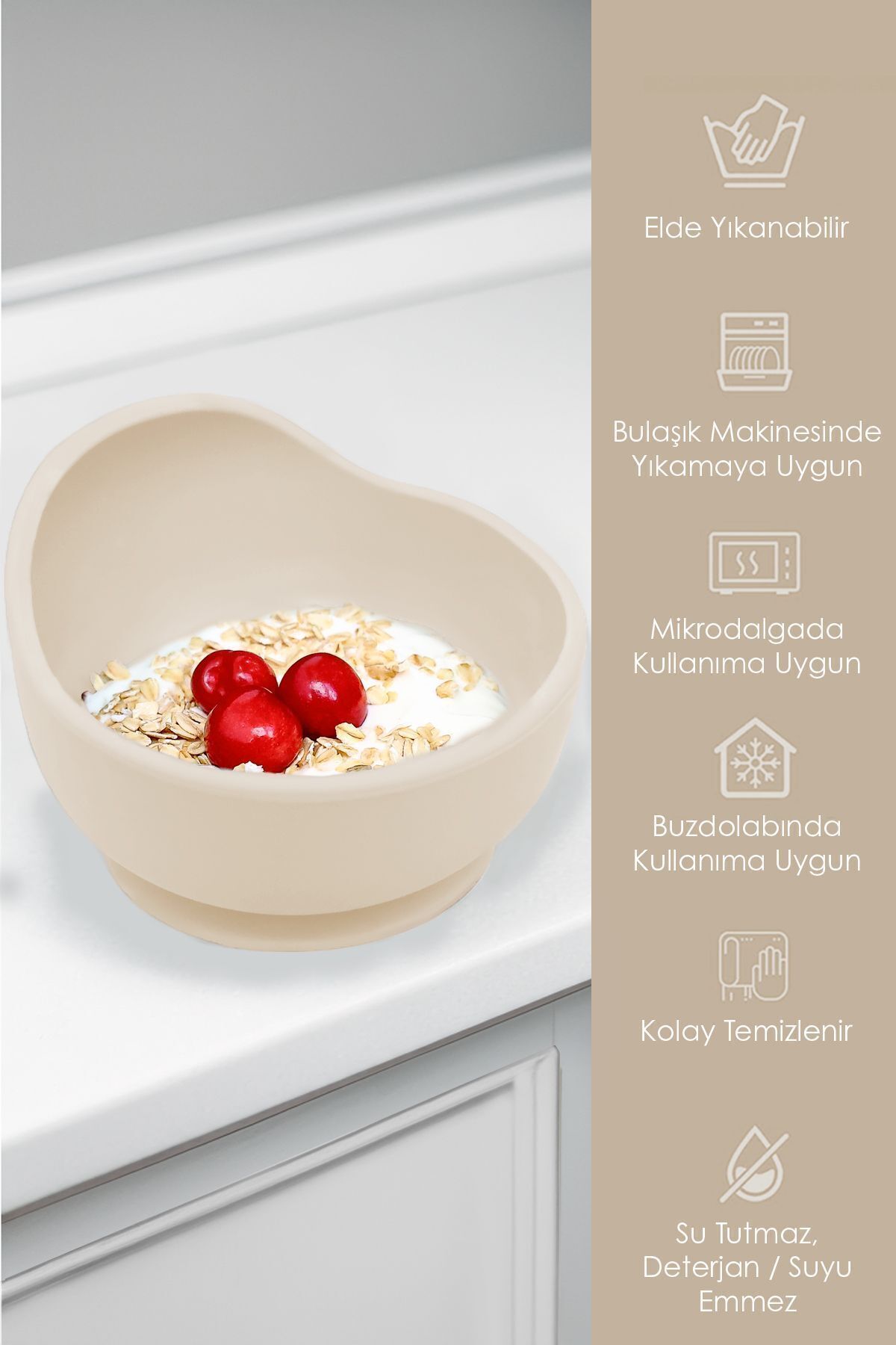 Meleni Baby Vakum Tabanlı Bebek Mama Kasesi - Vakumlu Oval Silikon Kase - Bej fotoğrafı 3 (önizleme)