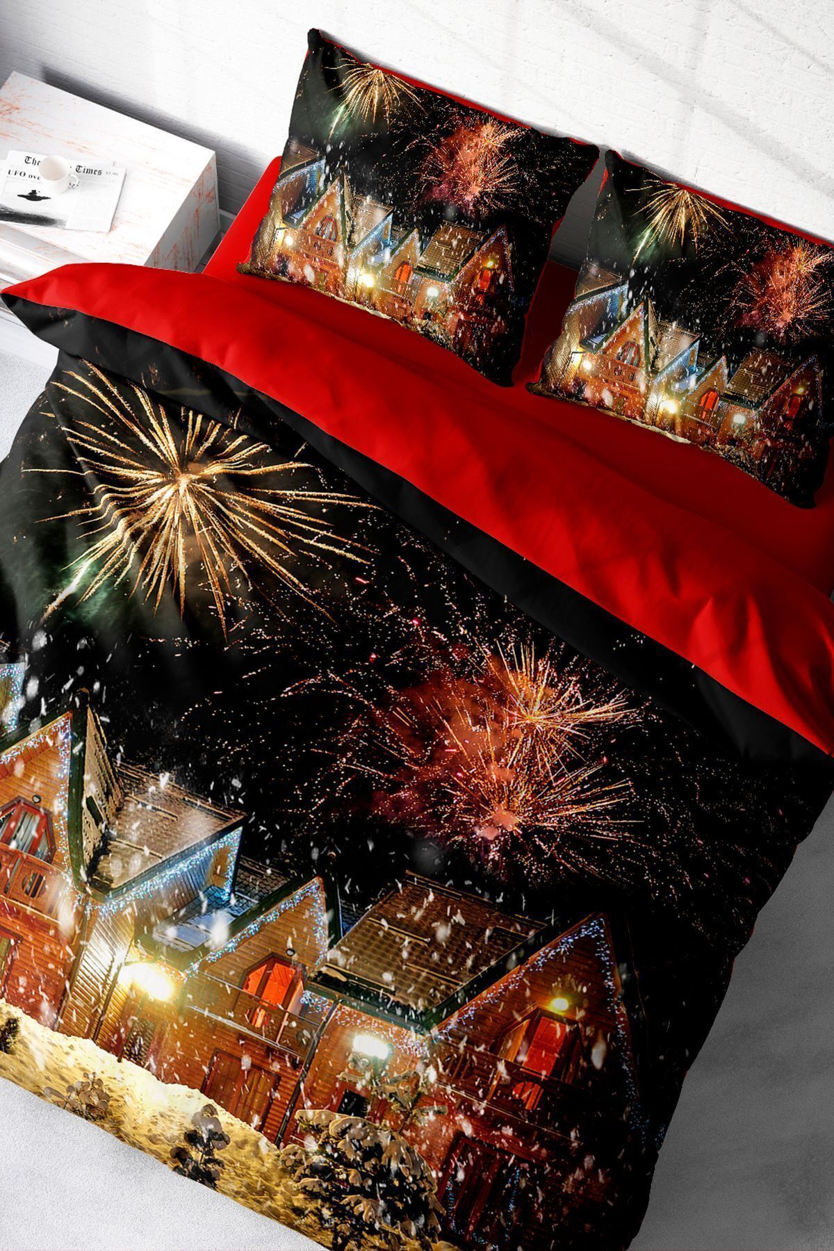 MonoHome-New Year Duvet Cover Set Double 100% Cotton Satin Nights Houses 3