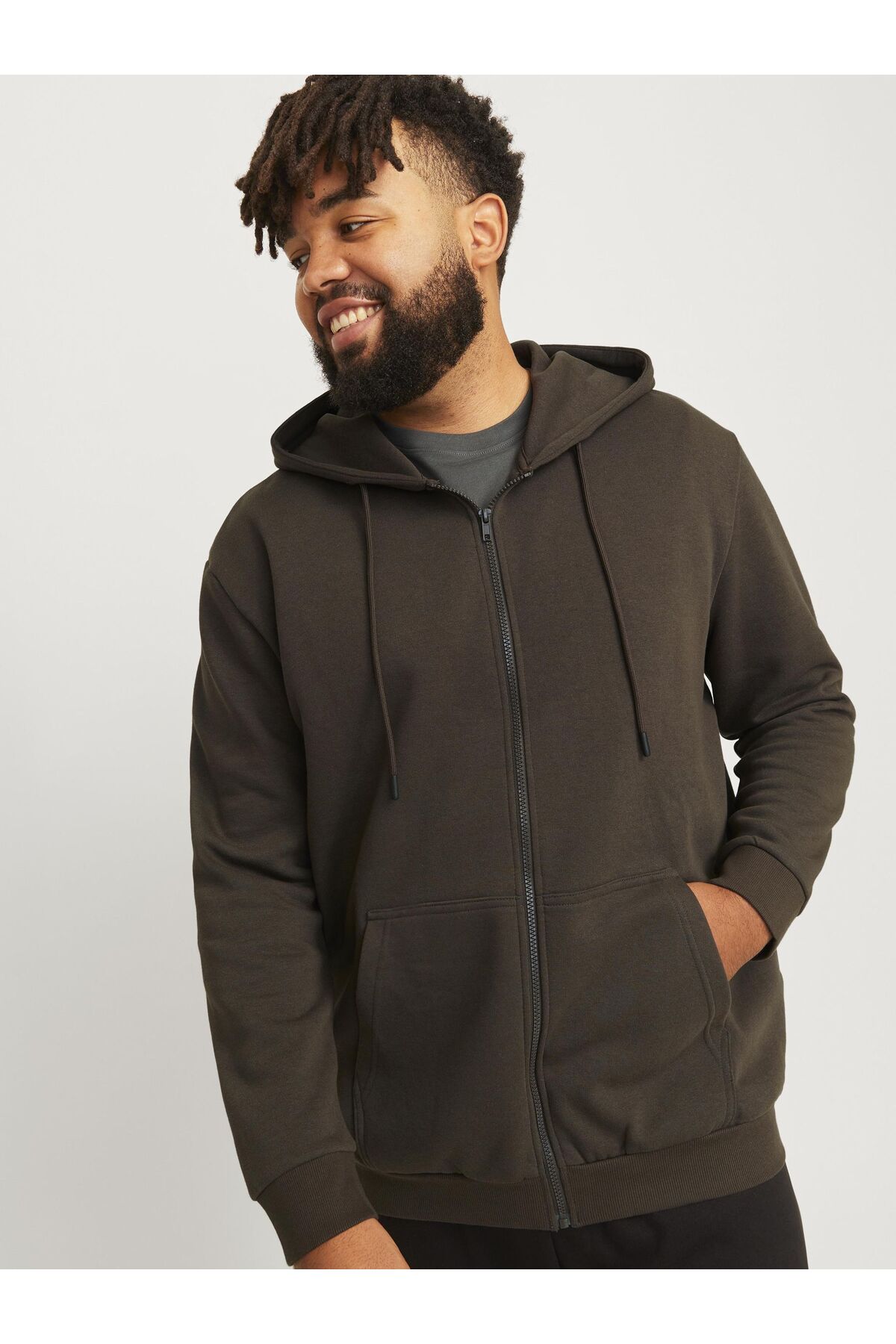 Jack & Jones Plus Reißverschluss ile Kapuzenpullover Reißverschluss ile Büyük Beden Einfarbig Kapuzenpullover görsel 7