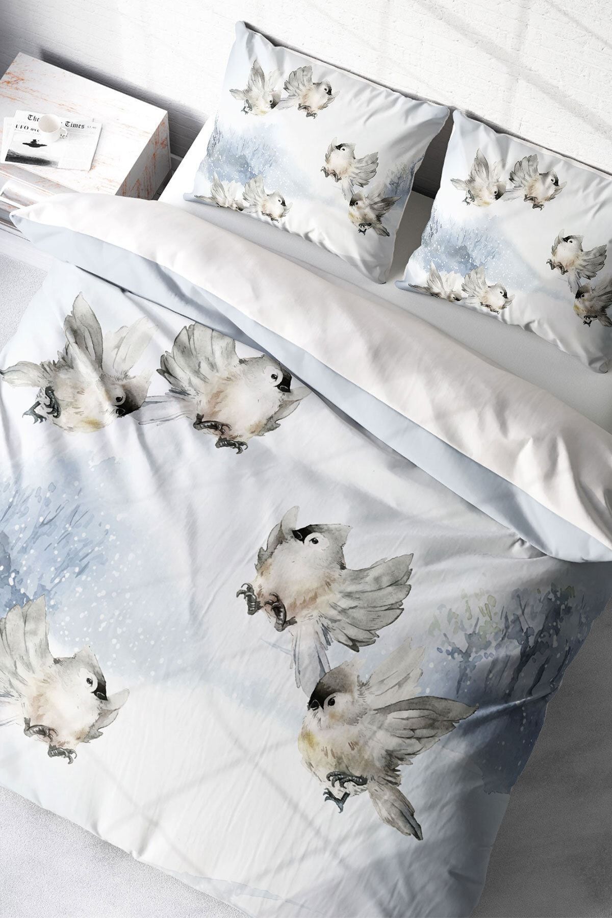 PerlaSera-Snow Bird 3D Custom Design - Σετ Παπλωματοθήκη Διπλό, Πυκνό Βαμβακερό Σατέν 1