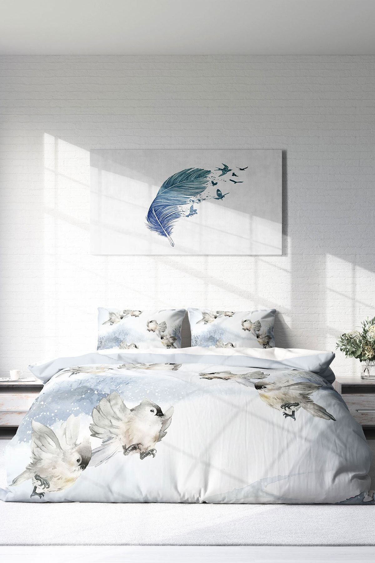 PerlaSera-Snow Bird 3D Custom Design - Σετ Παπλωματοθήκη Διπλό, Πυκνό Βαμβακερό Σατέν 3