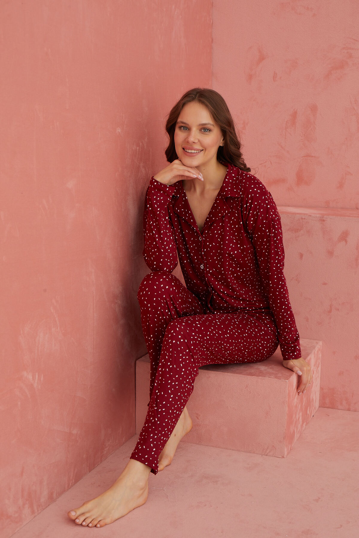 Bordo Nokta Desenli Bambu Önden Düğmeli Uzun Kol Pijama Takımı