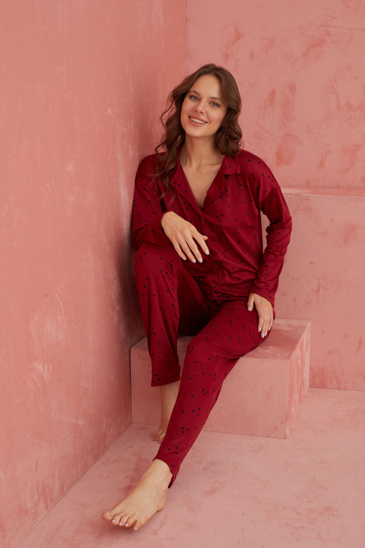 Bordo Kalp Desenli Bambu Önden Düğmeli Uzun Kol Pijama Takımı