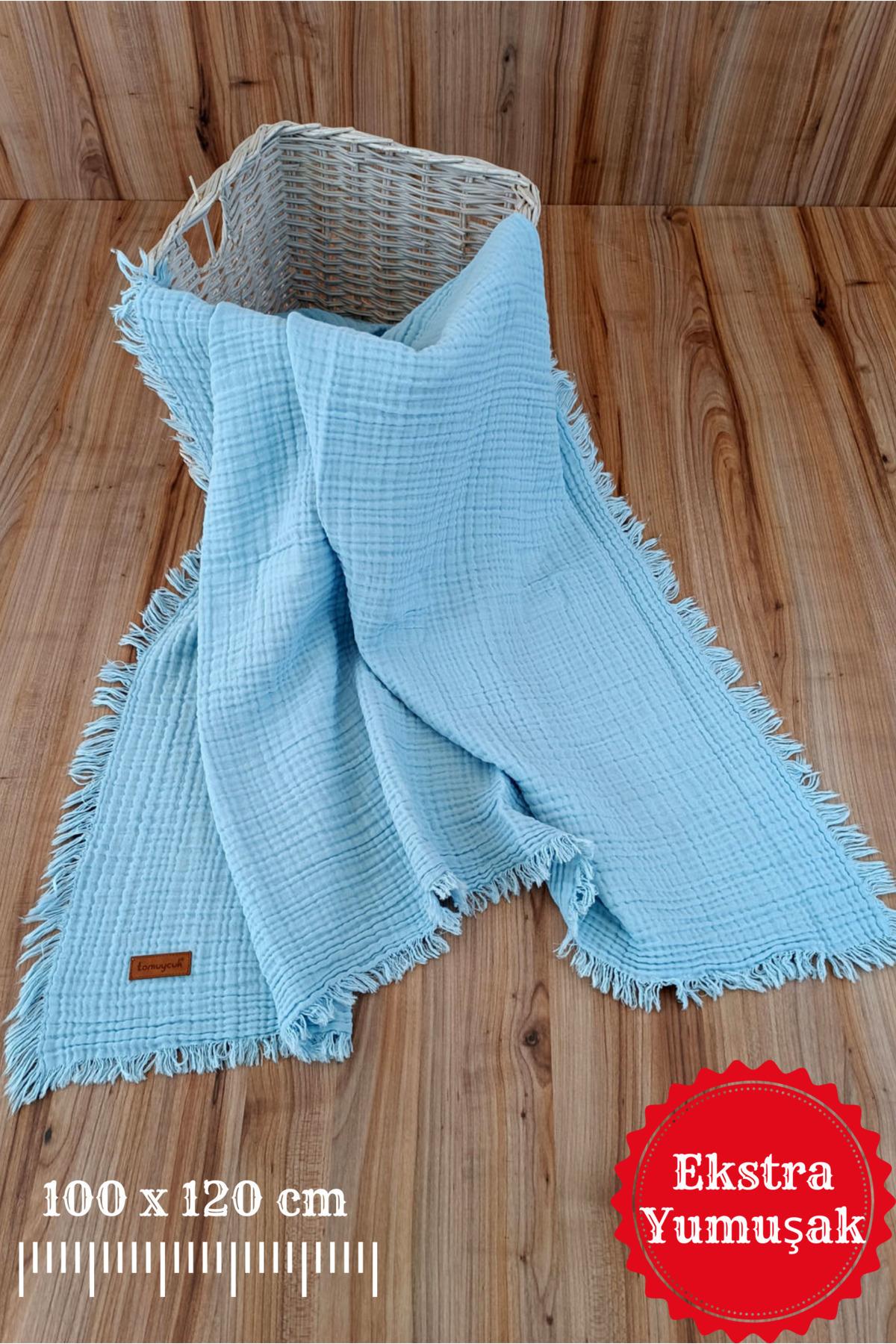 Tomuycuk 4 Kat Müslin Mavi Saçaklı Bebek Battaniyesi 100x120 Cm- %100 Pamuklu & Çok Amaçlı Battaniye fotoğrafı 4 (önizleme)