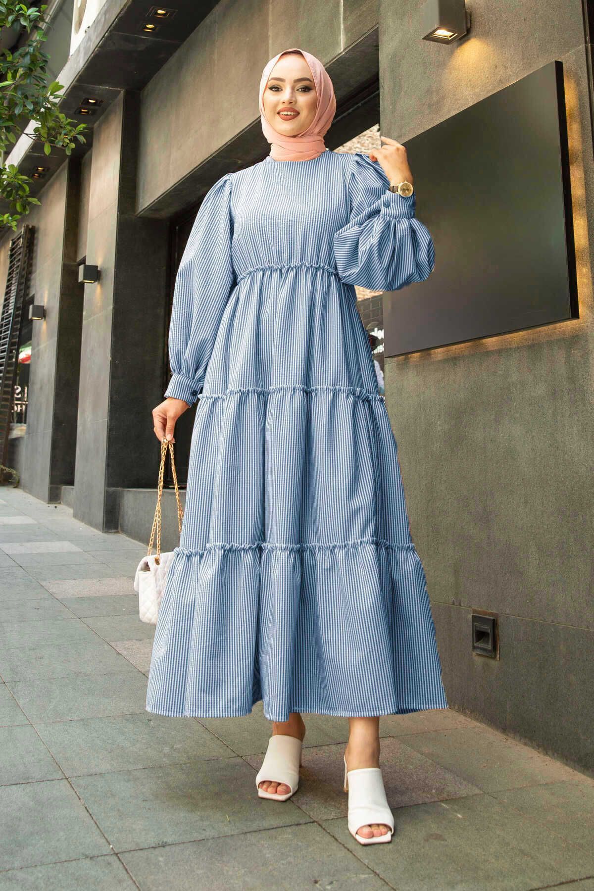 HARMONY GLOBAL-Indigo Blue Sue ριγέ φόρεμα με πλισέ Seersucker Muslin ύφασμα Hijab 3025 7