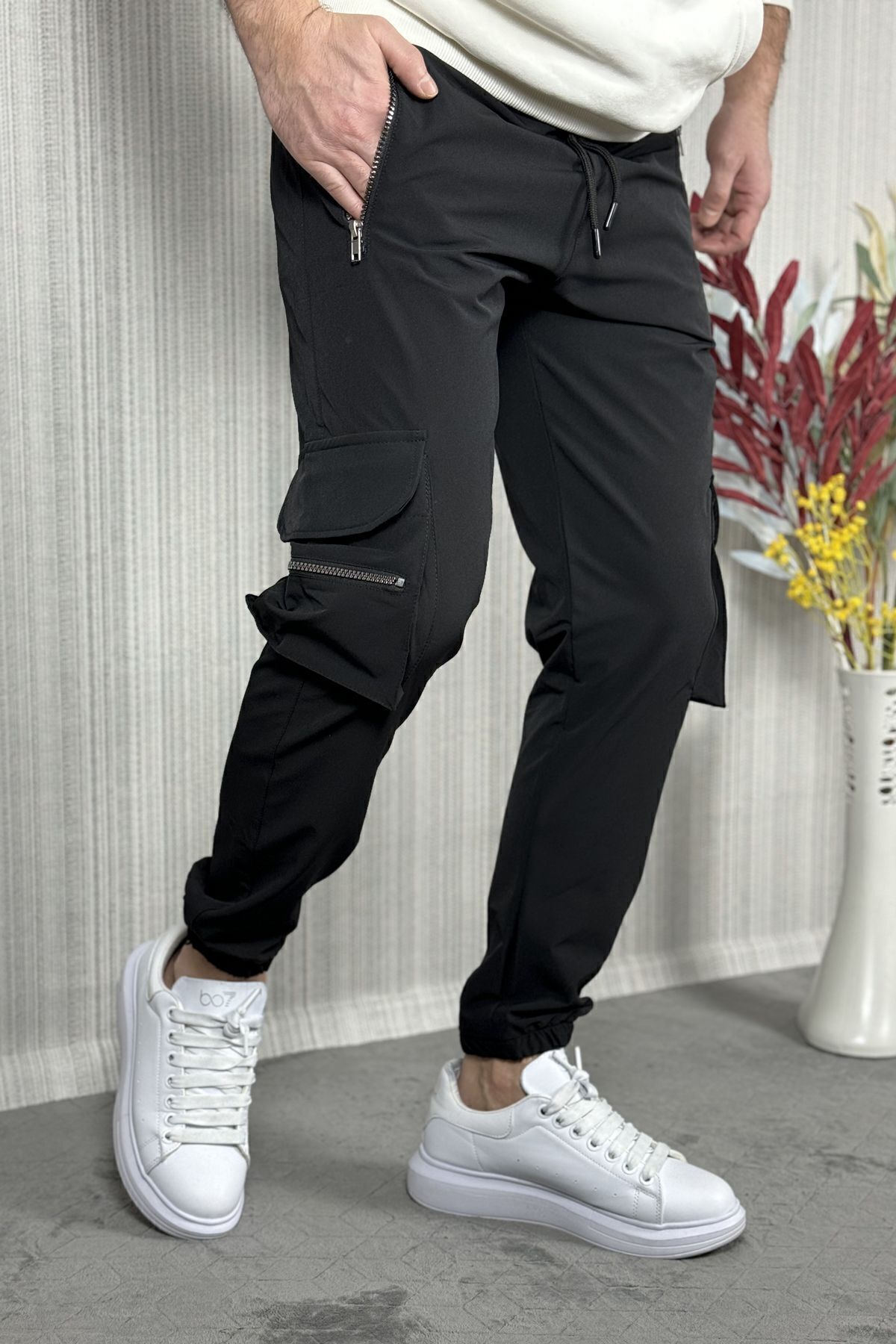 CW Casualwear Erkek Siyah Paraşüt Kumaş Fermuarlı Cep Jogger Kargo ...