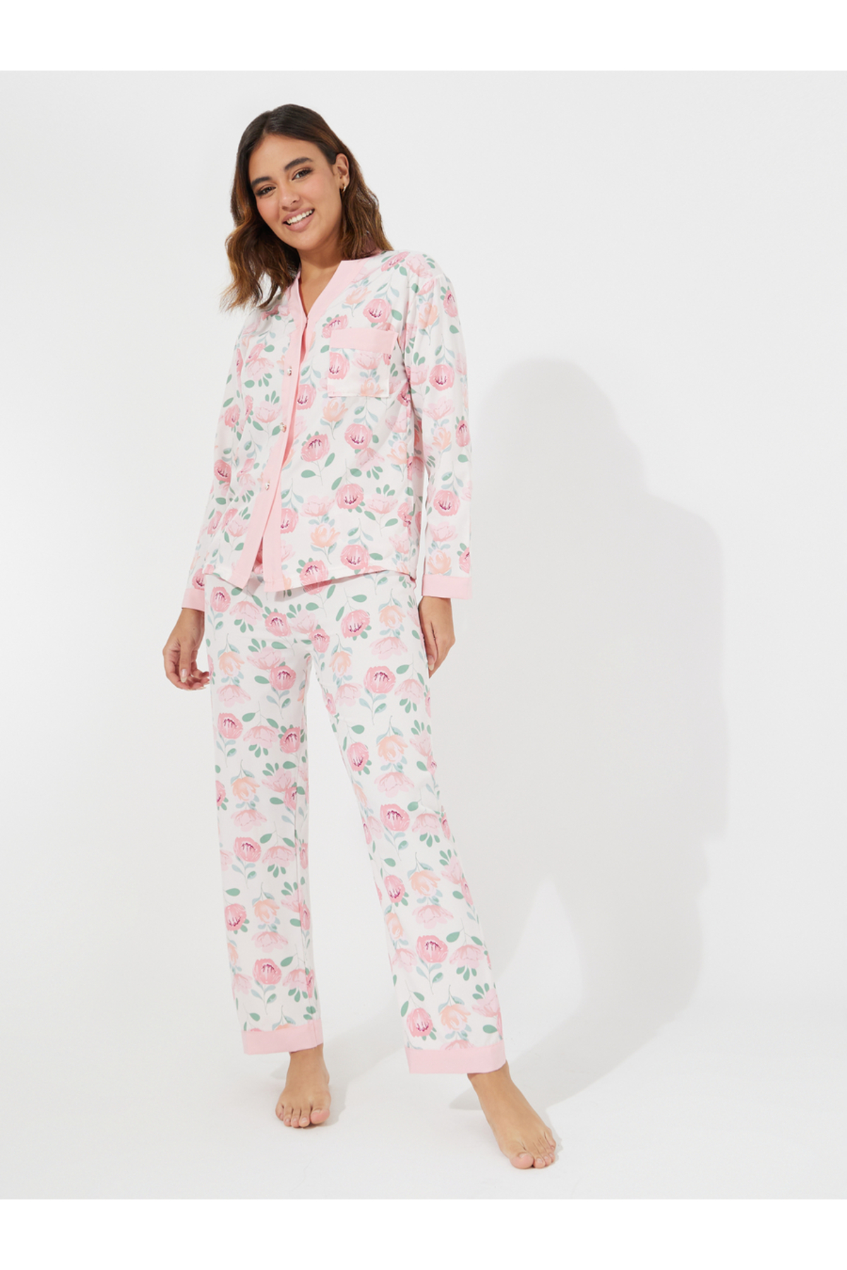 Take Two By Styli Floral Print Button Placket Shirt & Pyjama Set