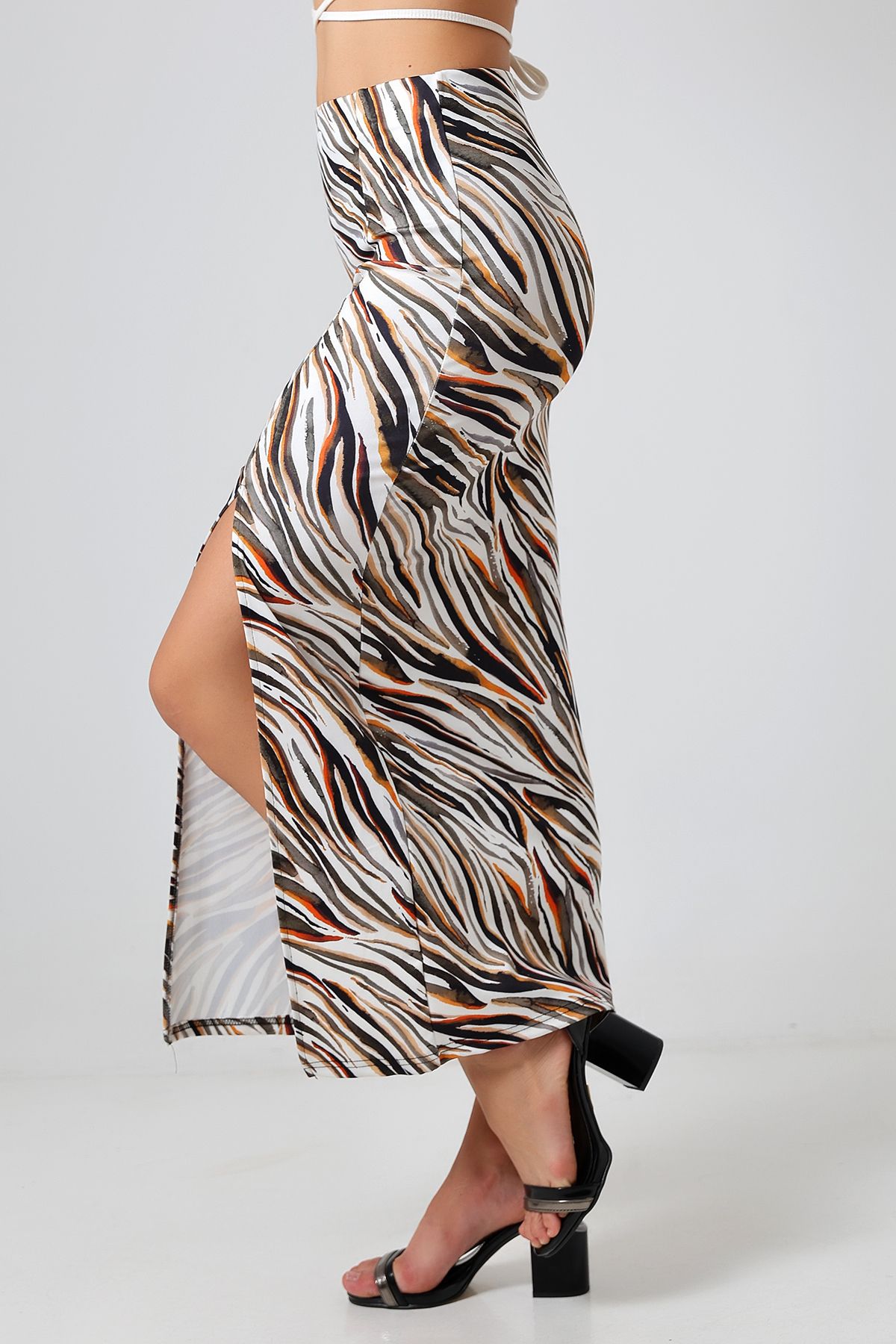 winmoda-Diving Fabric Slit Long Skirt Maxi Length 92 cm Colorful Zebra Pattern 6