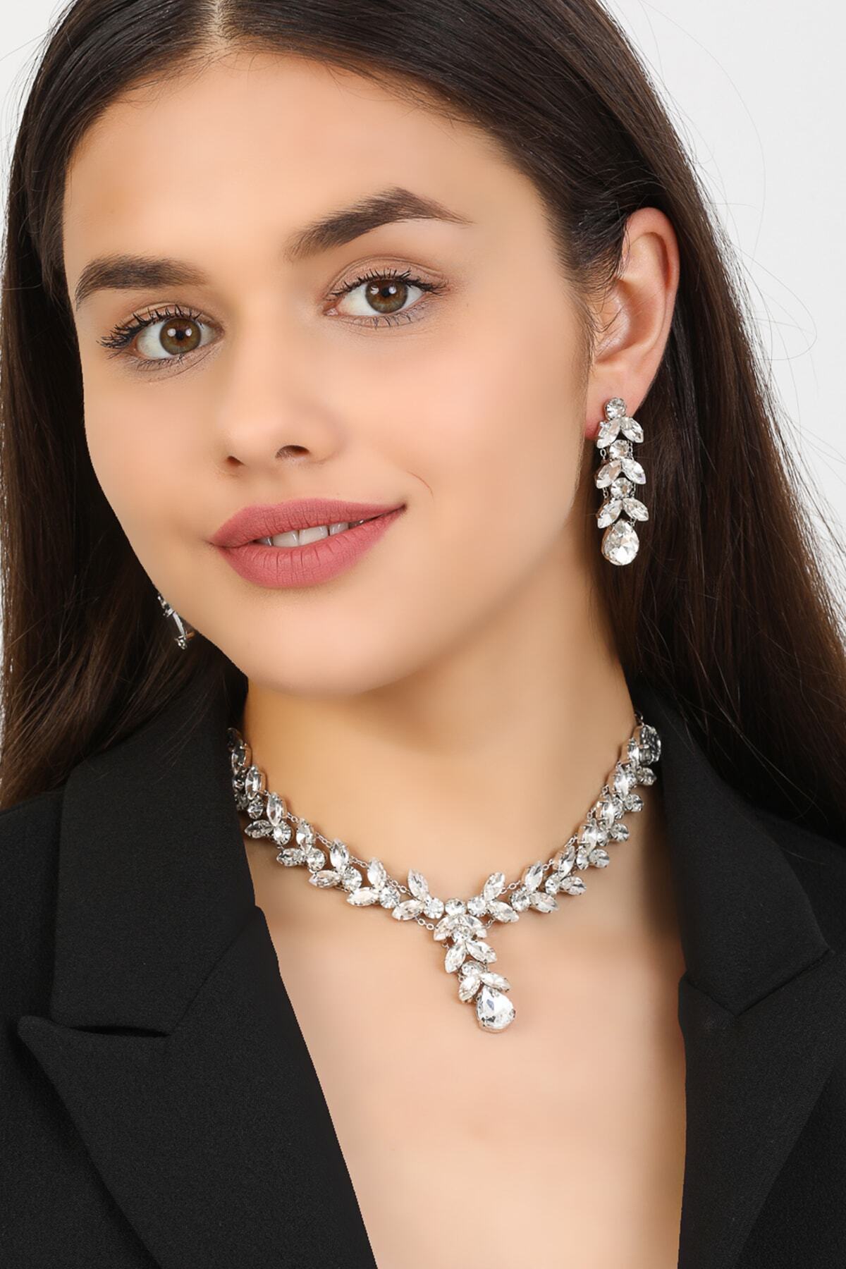 Furtek Aksesuar Kadın Damla Model Taşlı Gümüş Pırlanta Su Yolu Kolye Küpe Abiye Düğün Nişan Kına Söz Gelin Takı Seti