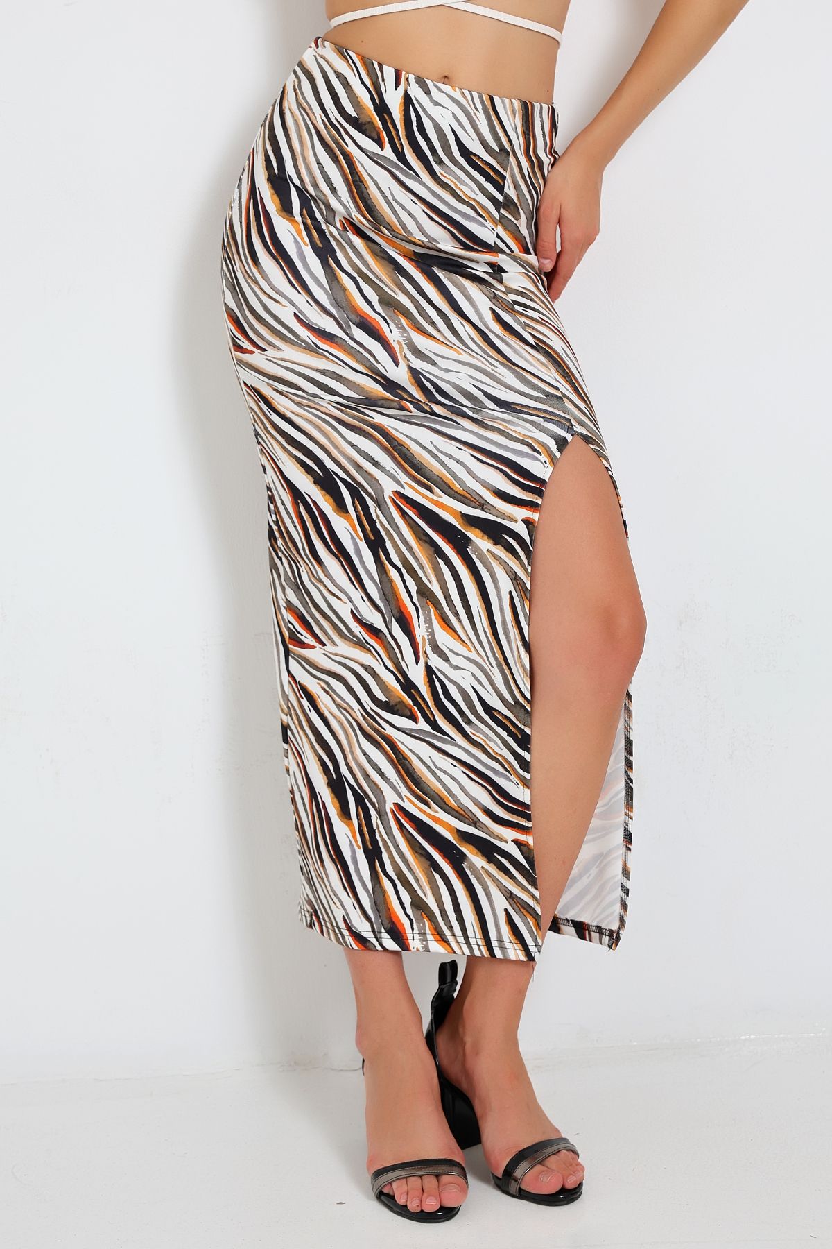 winmoda-Diving Fabric Slit Long Skirt Maxi Length 92 cm Colorful Zebra Pattern 4