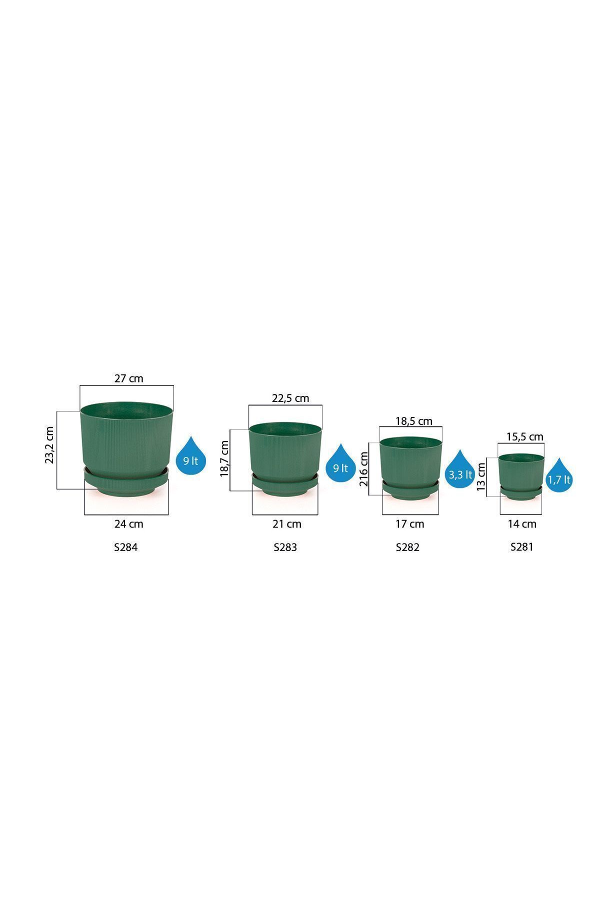 3.3 Litre Yeşil Dekoratif Lüks Saksı No2 Iç Dış Mekan Tabaklı Plastik Çiçek Saksısı Ø18,5x16cm 8