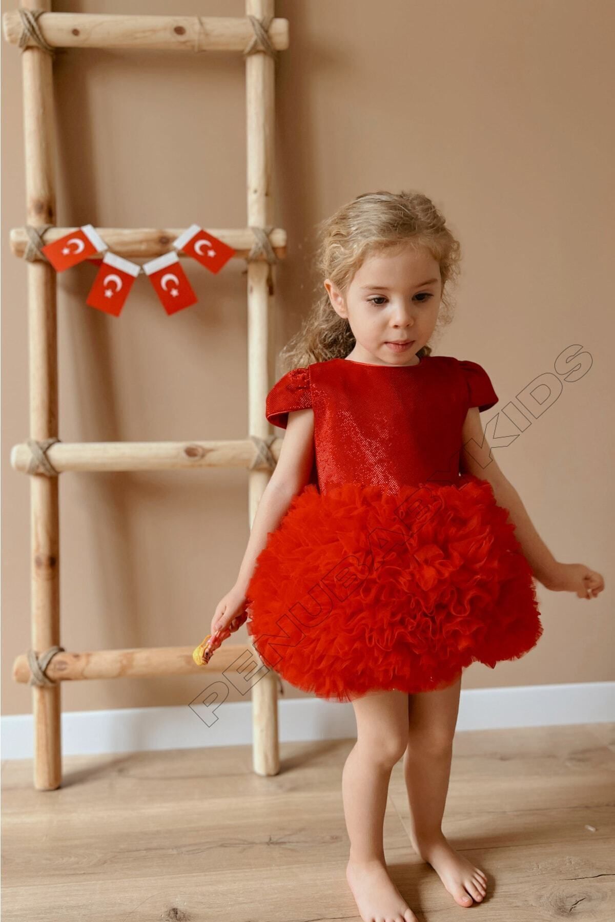 penu baby kids Kırmızı Tütülü Kısa Kol Kız Bebek Elbise - Princess fotoğrafı 3 (önizleme)