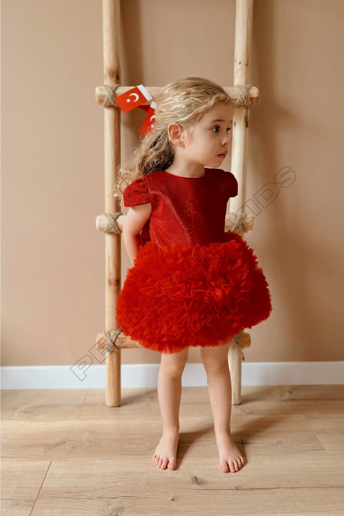 penu baby kids Kırmızı Tütülü Kısa Kol Kız Bebek Elbise - Princess fotoğrafı 4 (önizleme)