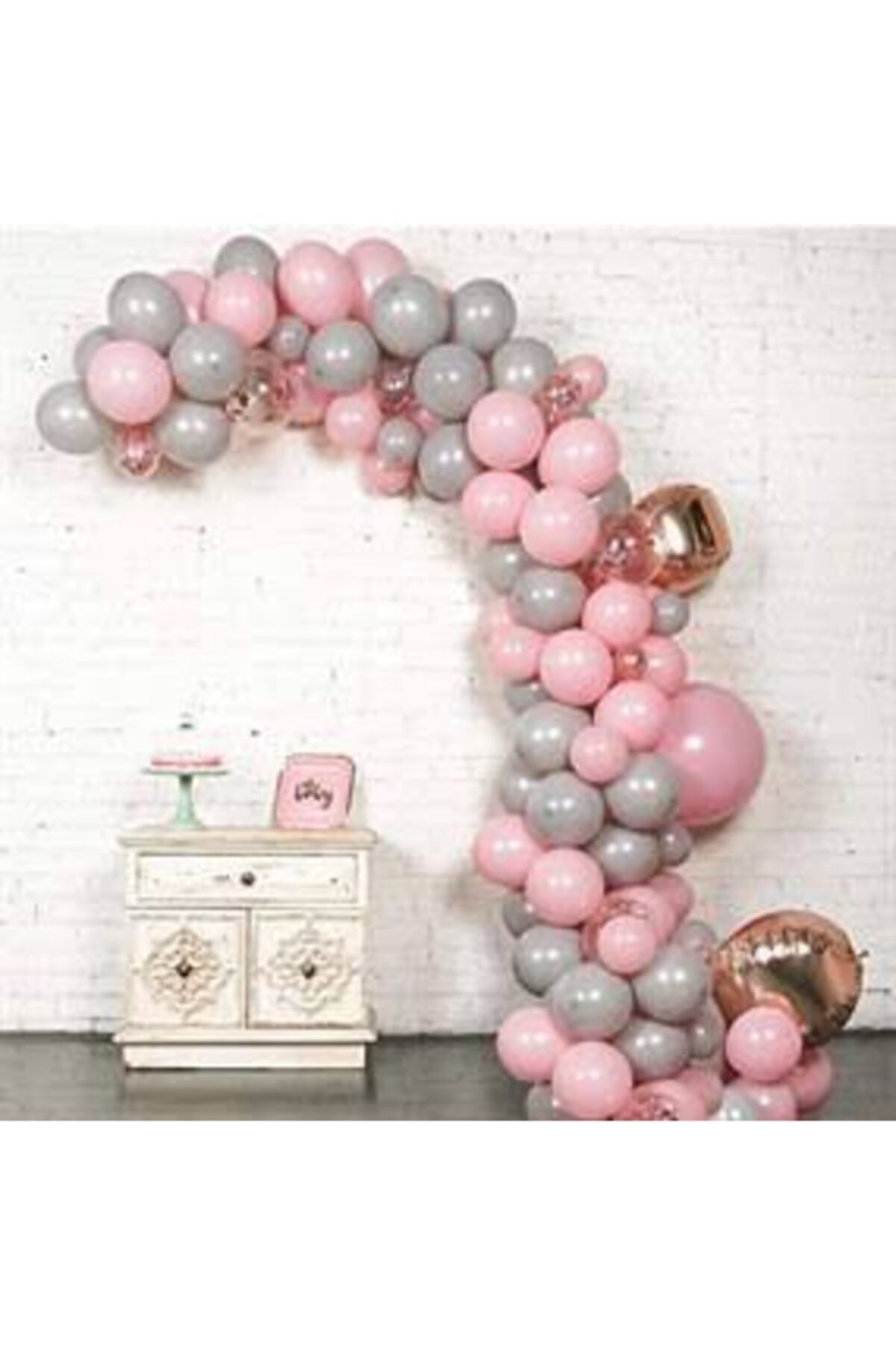 BalonEvi-50 بالونة باللون الوردي المعدني والفضي المعدني + سلسلة بالونات بطول 5 متر 1