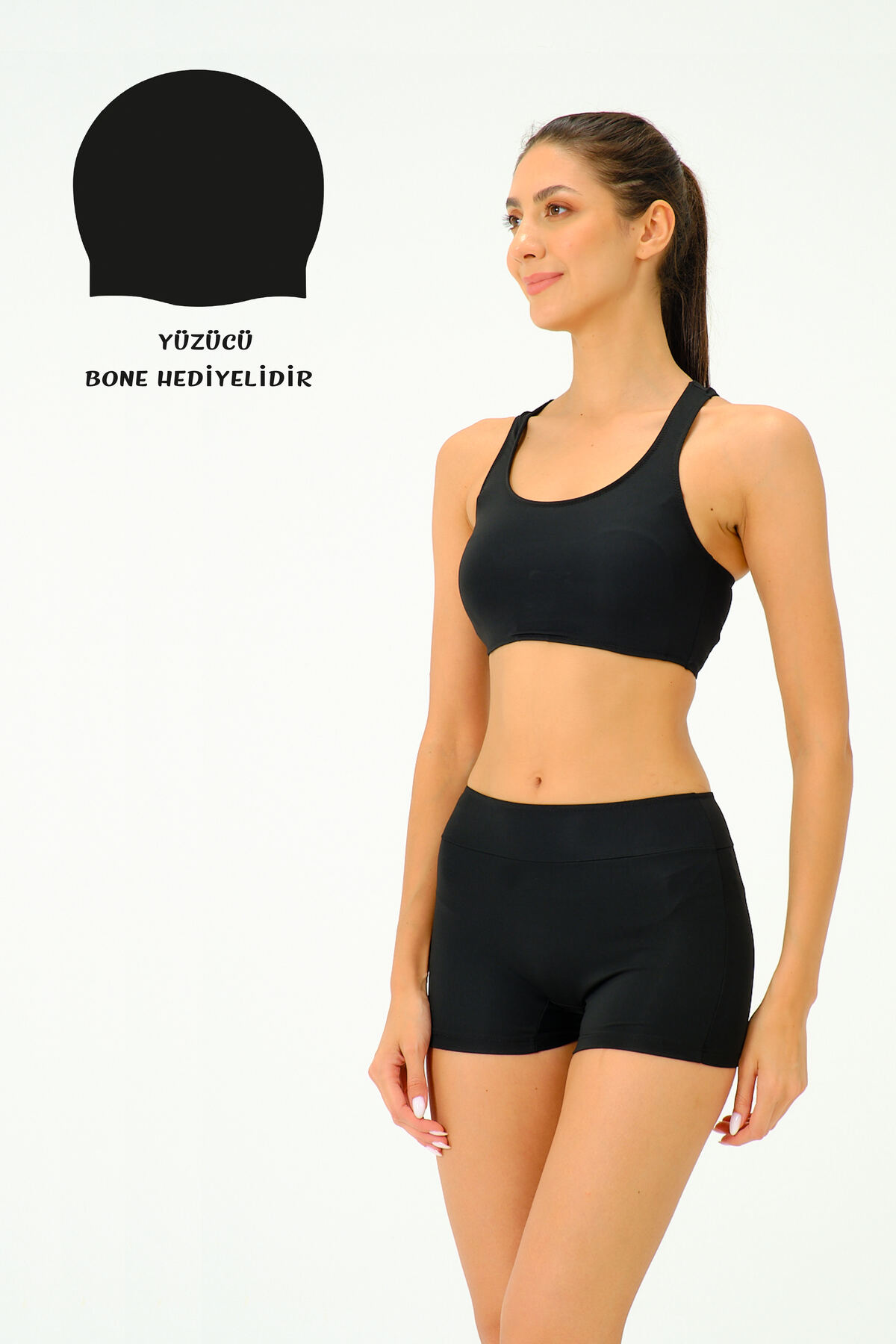 vawensea Kadın Düz Renk Badili Sporcu Yüzücü Bikini Siyah (GÖĞÜS PEDLİ)