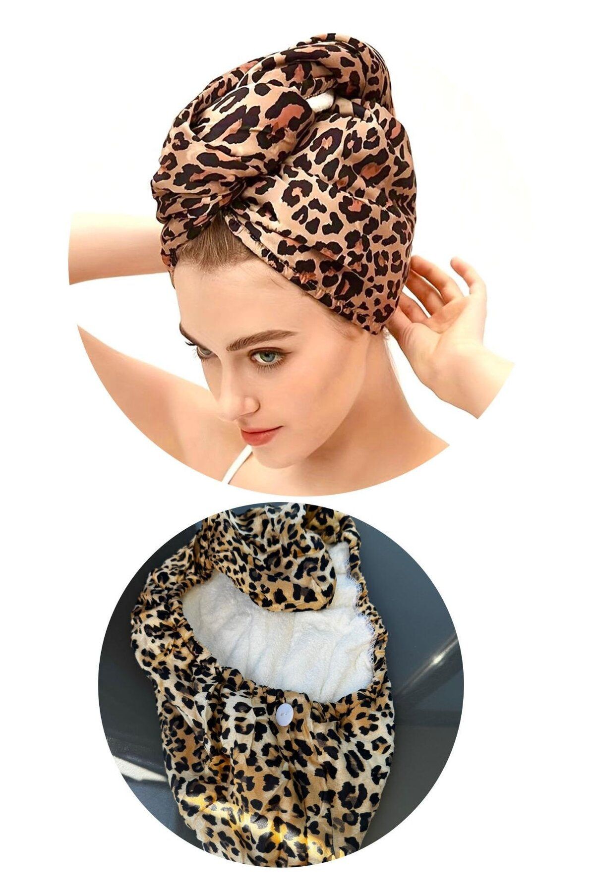 TAKIŞTIR-Leopard Patterned Elastic Hair Towel and Cap 1