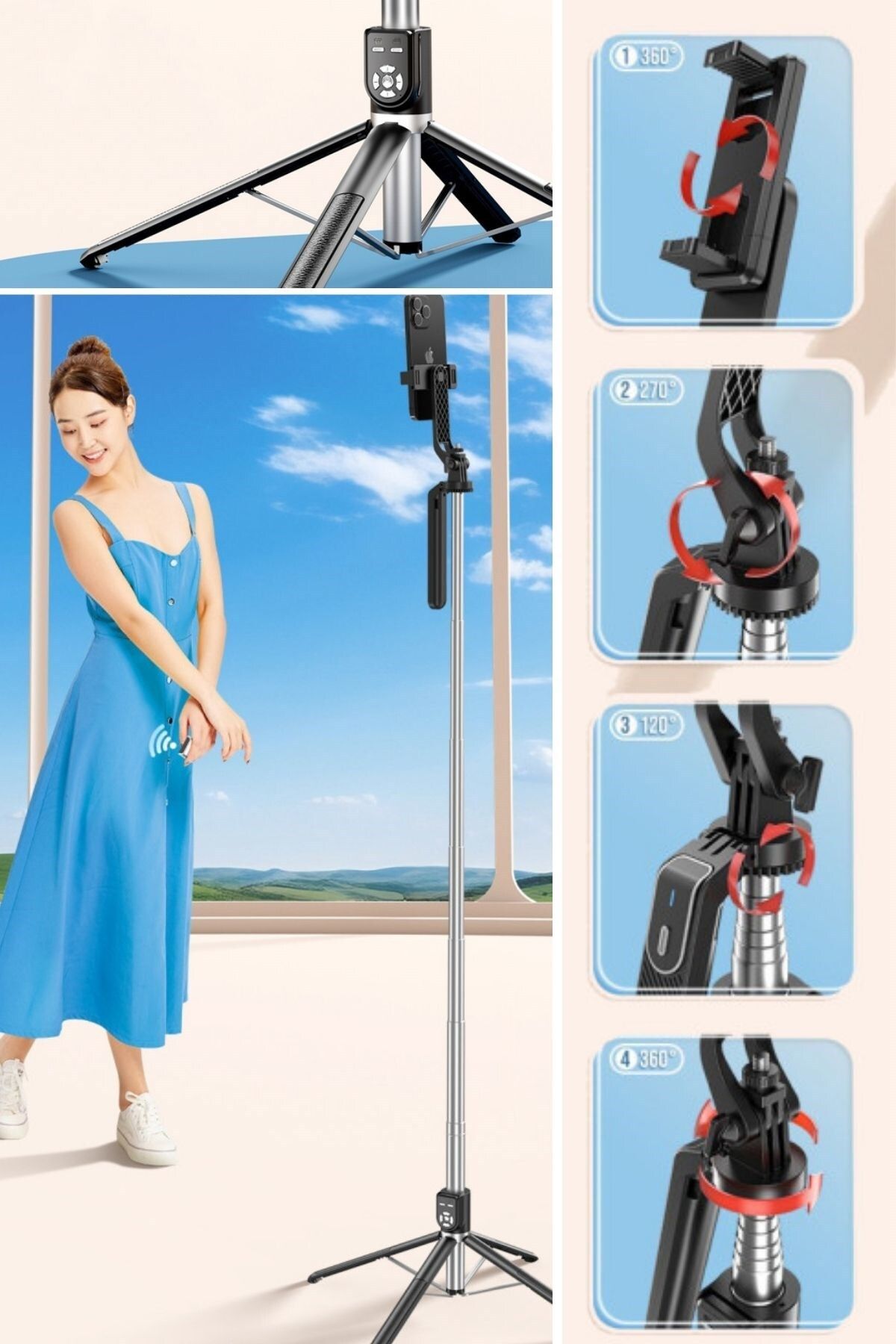 Buffer-® 360 Degree Rotatable Remote ControlTripodPhone and Camera - 2.2m ExtendableSelfieStick 5