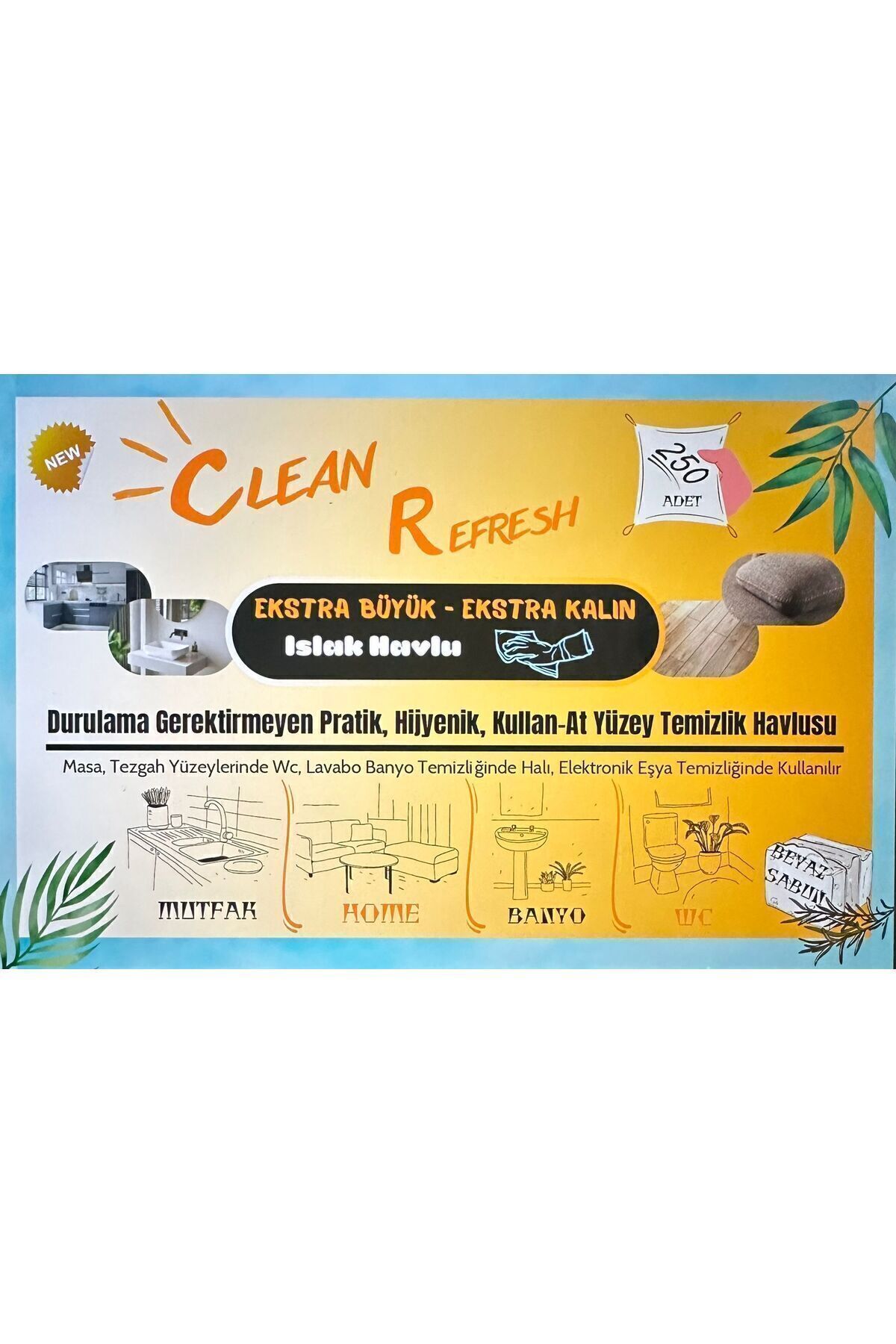 CLEAN REFRESH 250 Adet Beyaz Sabunlu Ekstra Kalın Bez Islak Pratik Yüzey Temizleme Havlusu fotoğrafı 5 (önizleme)