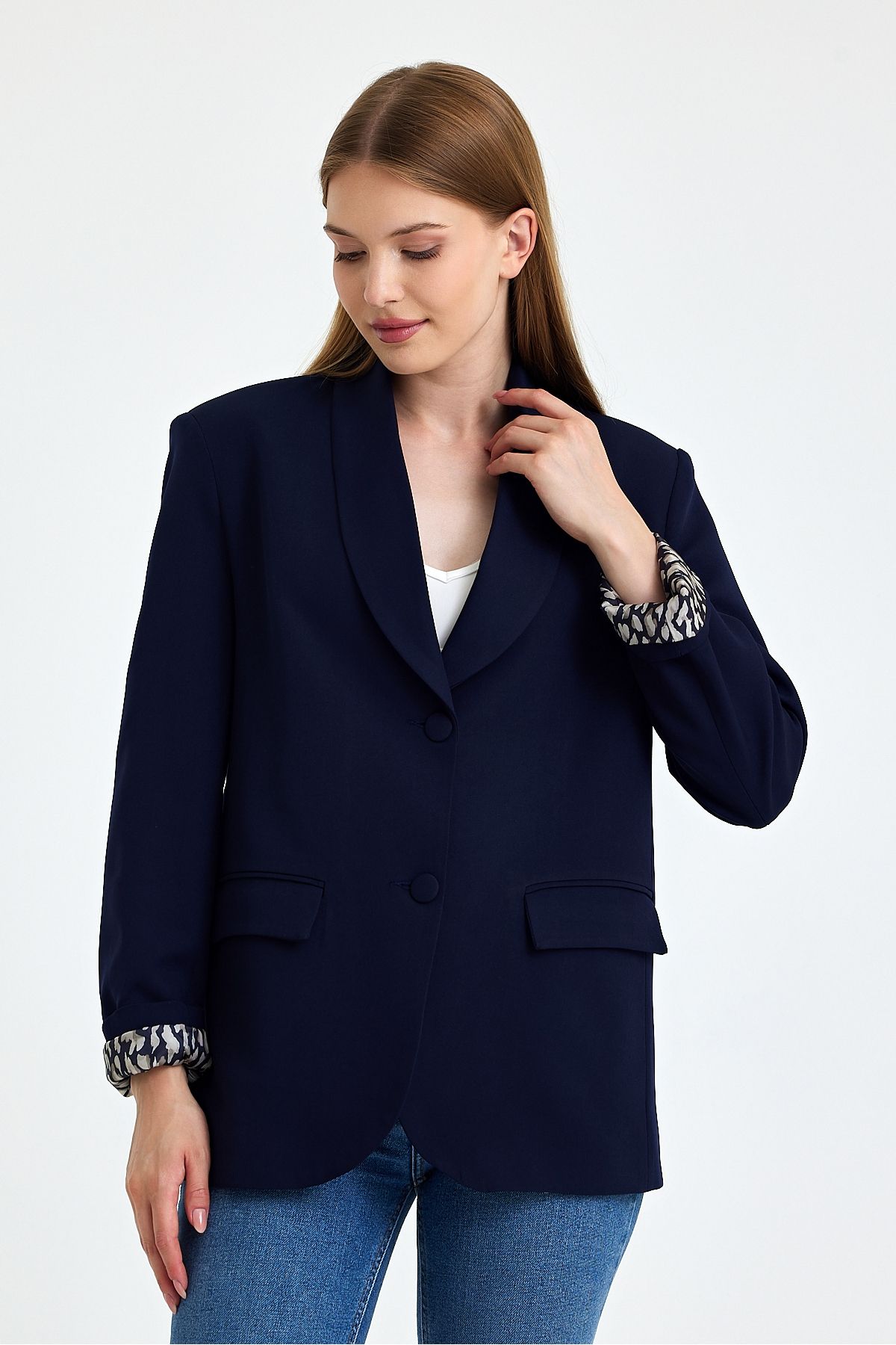 Safari-Navy Blue Oversize Lining Detailed Blazer Jacket 2