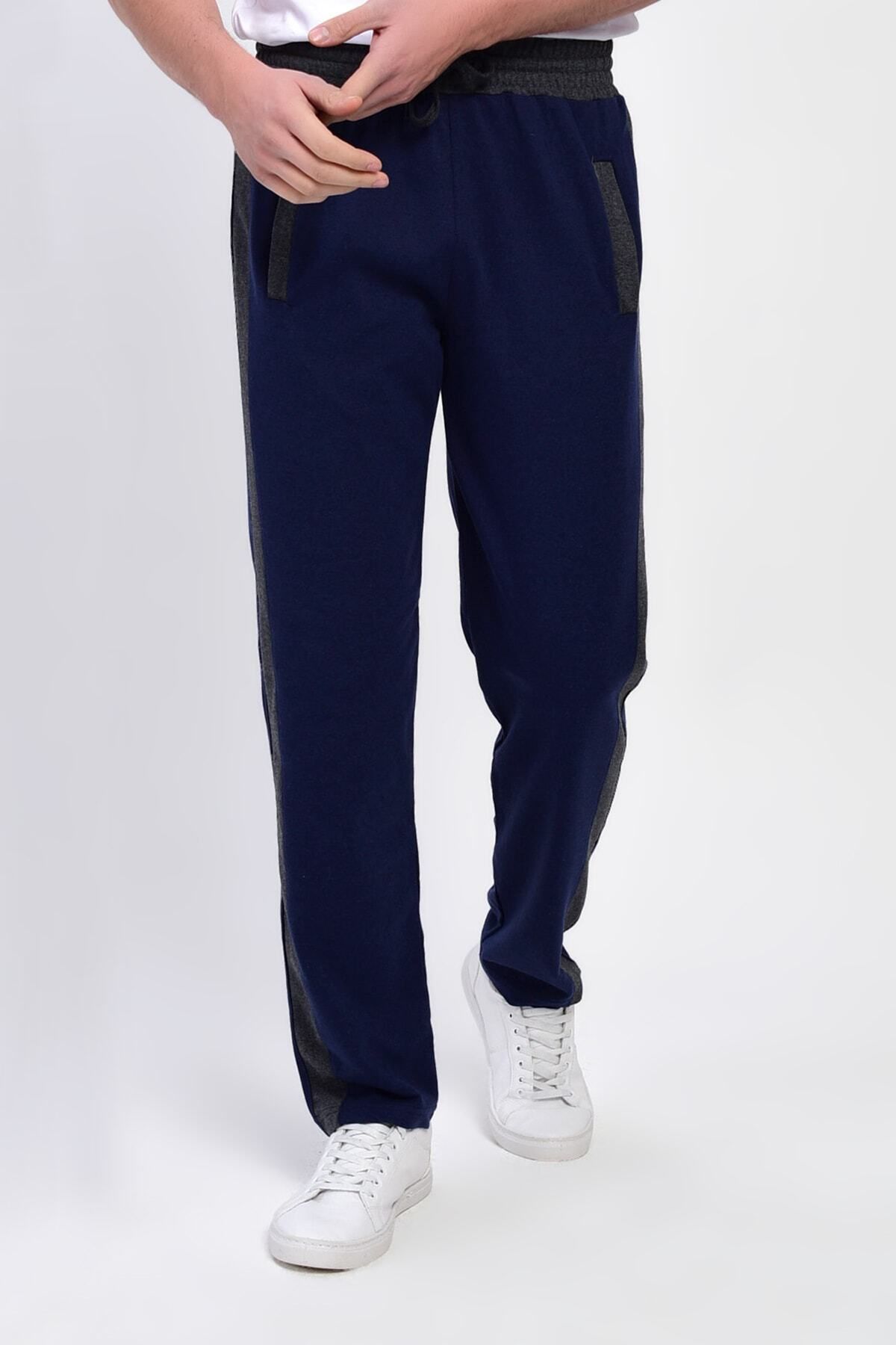 DYNAMO-Men's Navy Blue Large Size Sweatpants with Elastic Waist and Side Stripes 5