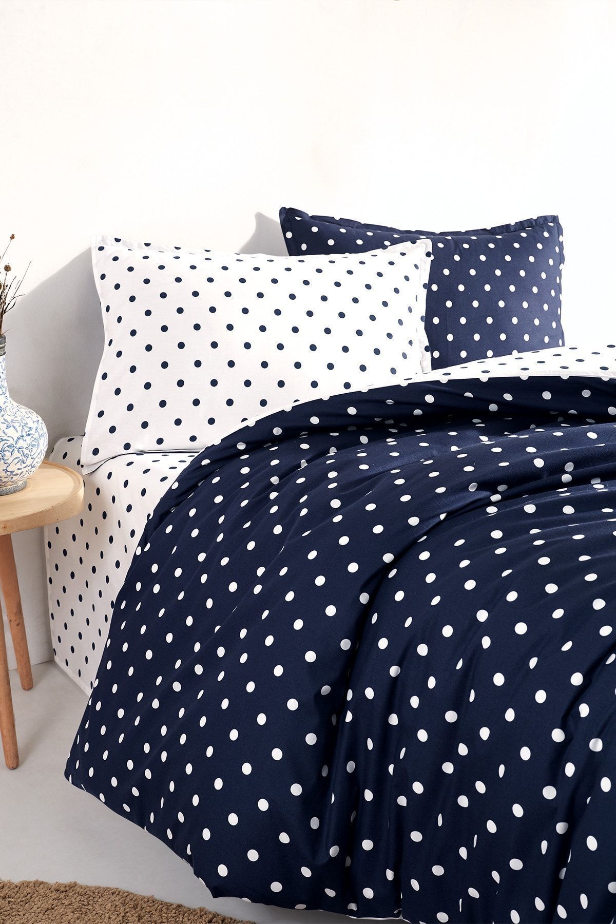Cote Blanc Dots Mavi %100 Pamuk Battal Boy Çift Taraflı Nevresim Takımı 3