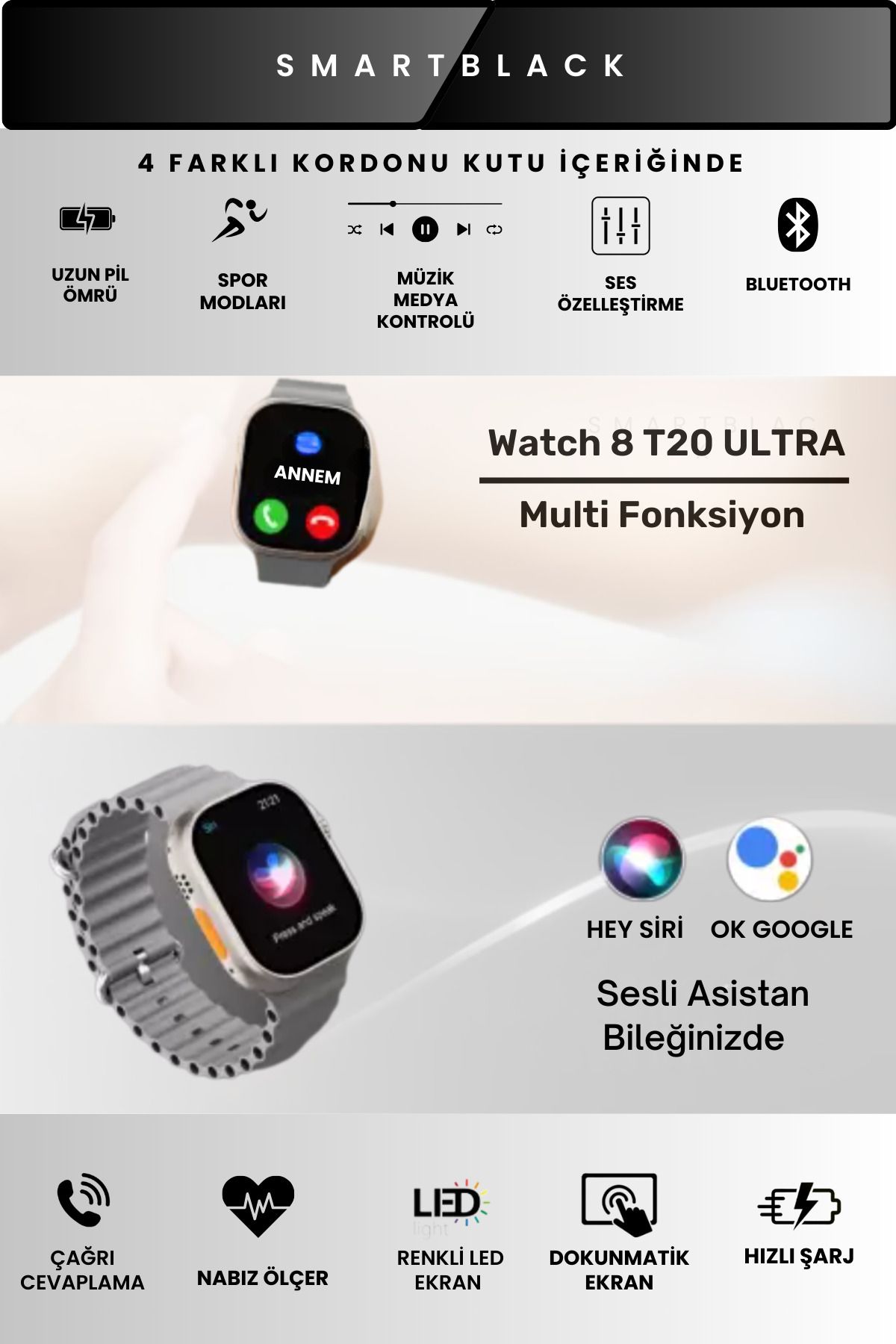 SmartBlack Watch 8 Ak ll Saat T20 Bluetooth Ultra Ak ll Saat Ios Ve Andorid Uyumlu 4 Kordonlu Fiyat Yorumlar Trendyol