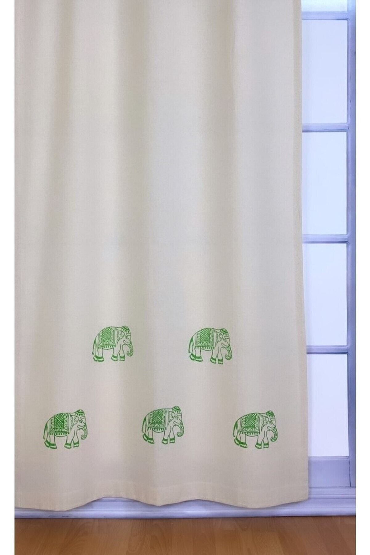 pamukidea Perdele Din Bumbac Imprimat Cu Model Elefant Verde - Vară, Balcon, Imprimare Din Lemn Natural Buldan - 70 x 120