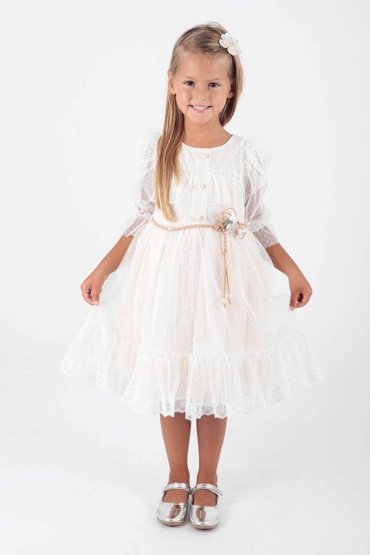 Kids Girls Buckle Belted Lace Tulle Evening Dress Ak2206