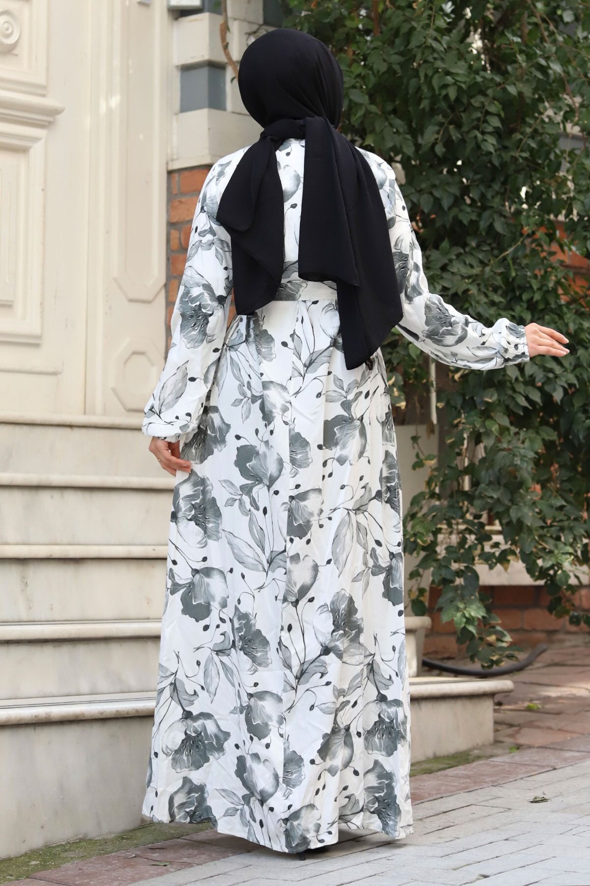 Tesettur Dunyas Big Flower Patterned Waist Belted Hijab Dress TSD240323 Trendyol