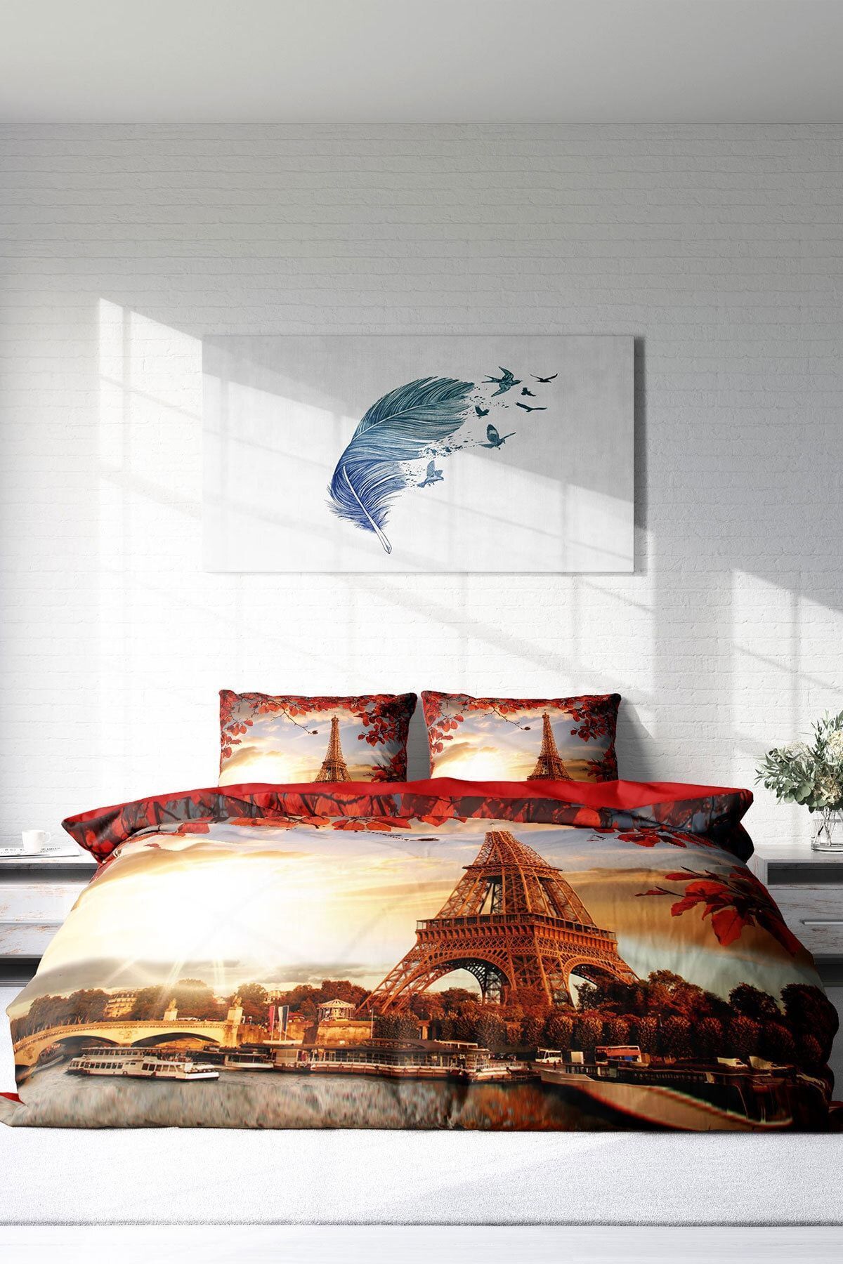 PerlaSera-3D Custom Design - Double Cotton Satin Duvet Cover Set, Eiffel 3