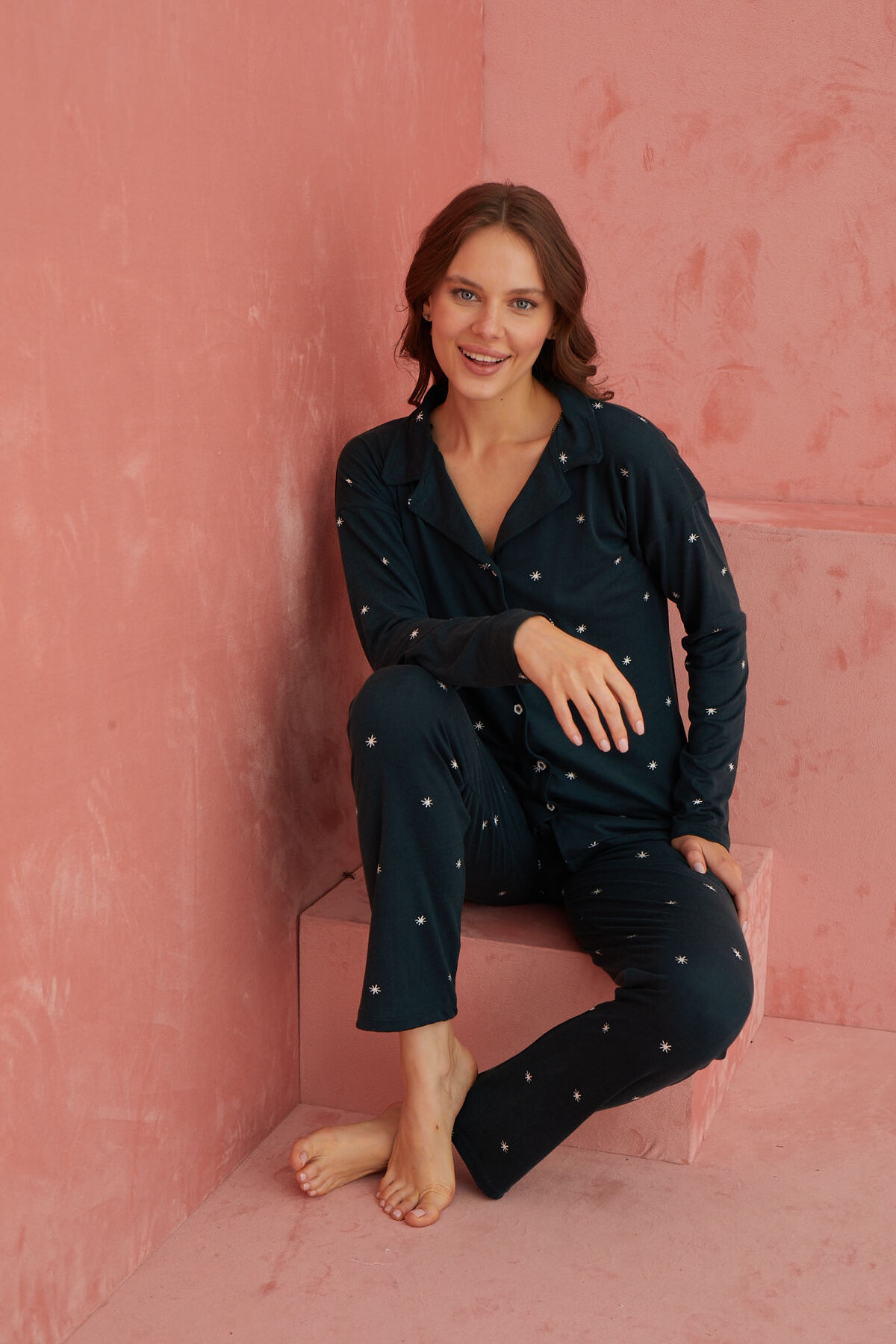 Lacivert Kartanesi Desenli Bambu Önden Düğmeli Uzun Kol Pijama Takımı