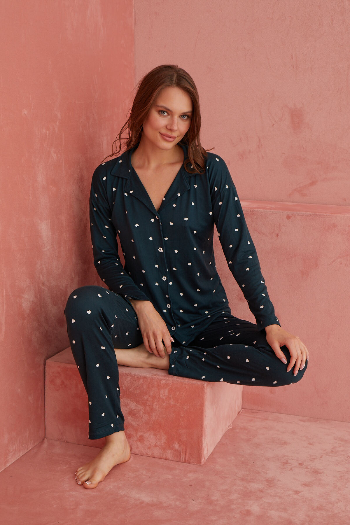 Lacivert Kalp Desenli Bambu Önden Düğmeli Uzun Kol Pijama Takımı