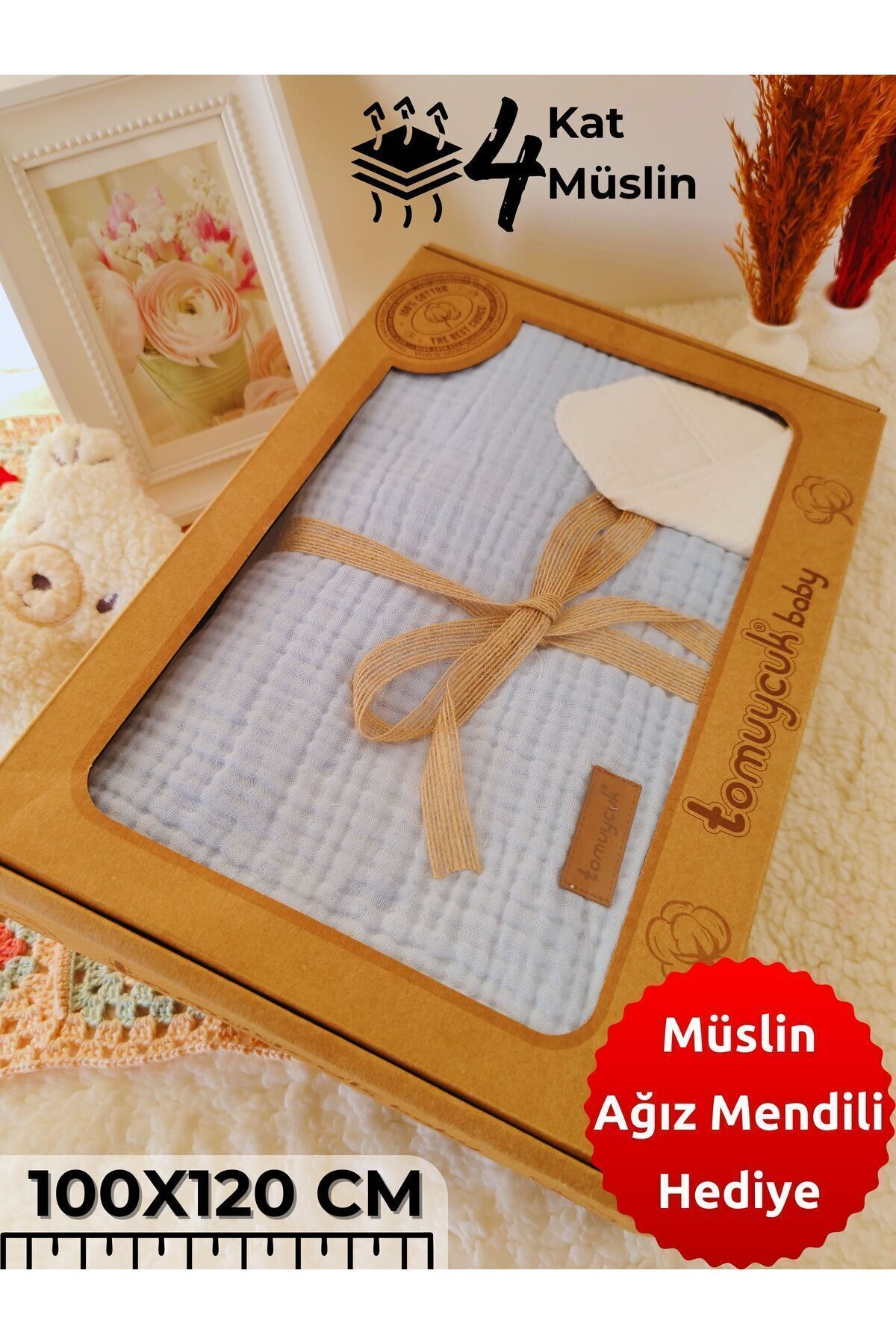 Tomuycuk 4 Kat Müslin Mavi Saçaklı Bebek Battaniyesi 100x120 Cm- %100 Pamuklu & Çok Amaçlı Battaniye fotoğrafı 2 (önizleme)