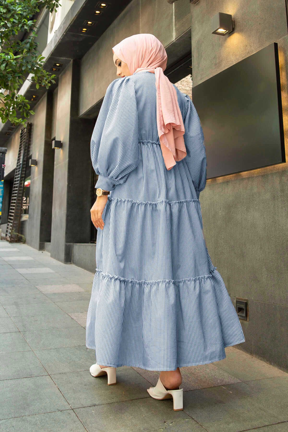 HARMONY GLOBAL-Indigo Blue Sue ριγέ φόρεμα με πλισέ Seersucker Muslin ύφασμα Hijab 3025 8