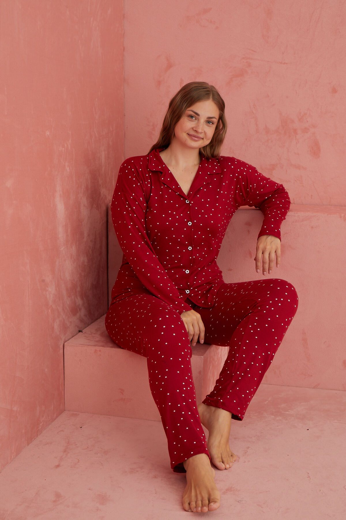 Bordo Puan Desenli Bambu Önden Düğmeli Uzun Kol Pijama Takımı