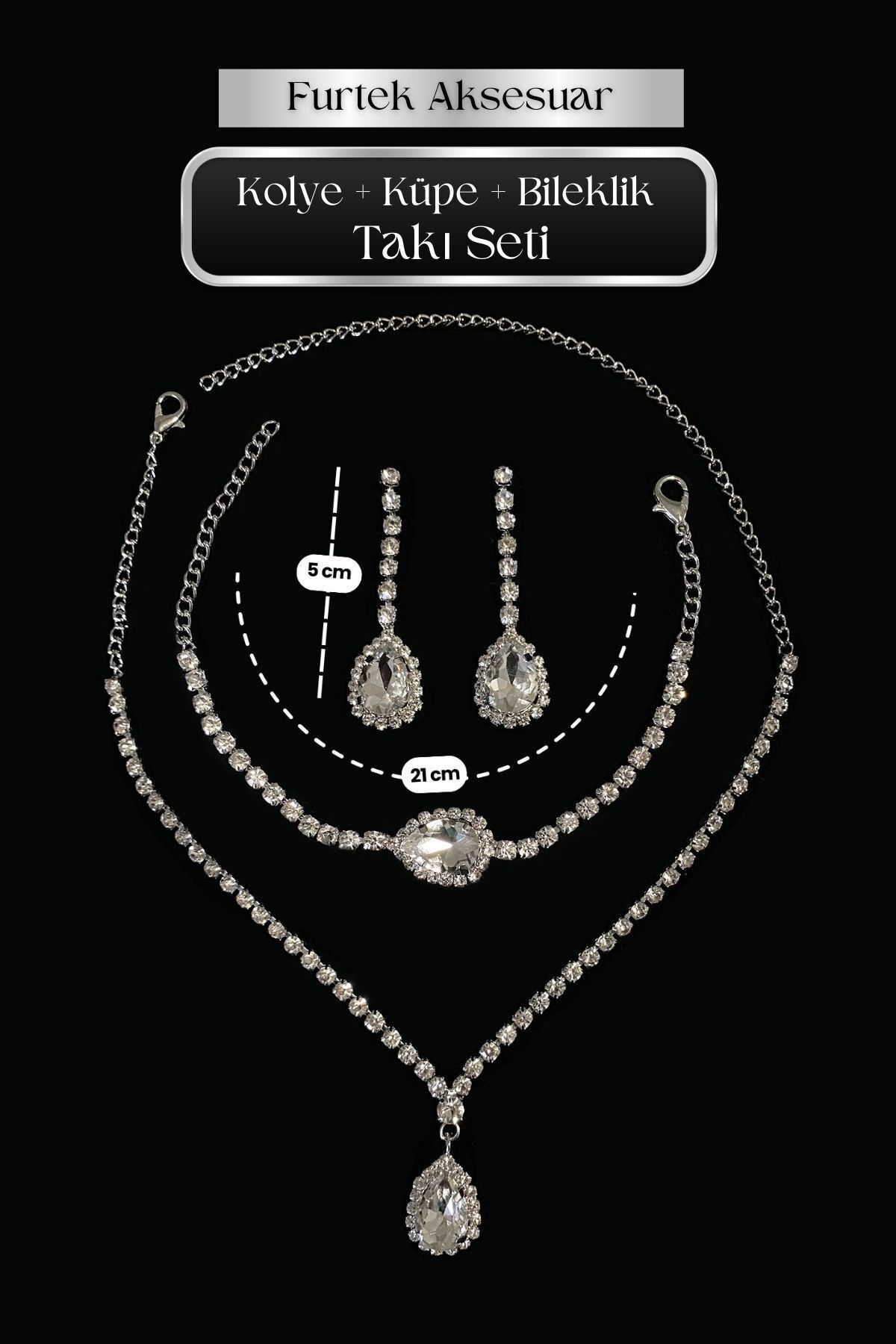 Women's Maesteso White Crystal Zircon Gemstone Necklace + Earring + Bracelet Silver Plated Combination Jewelry Set