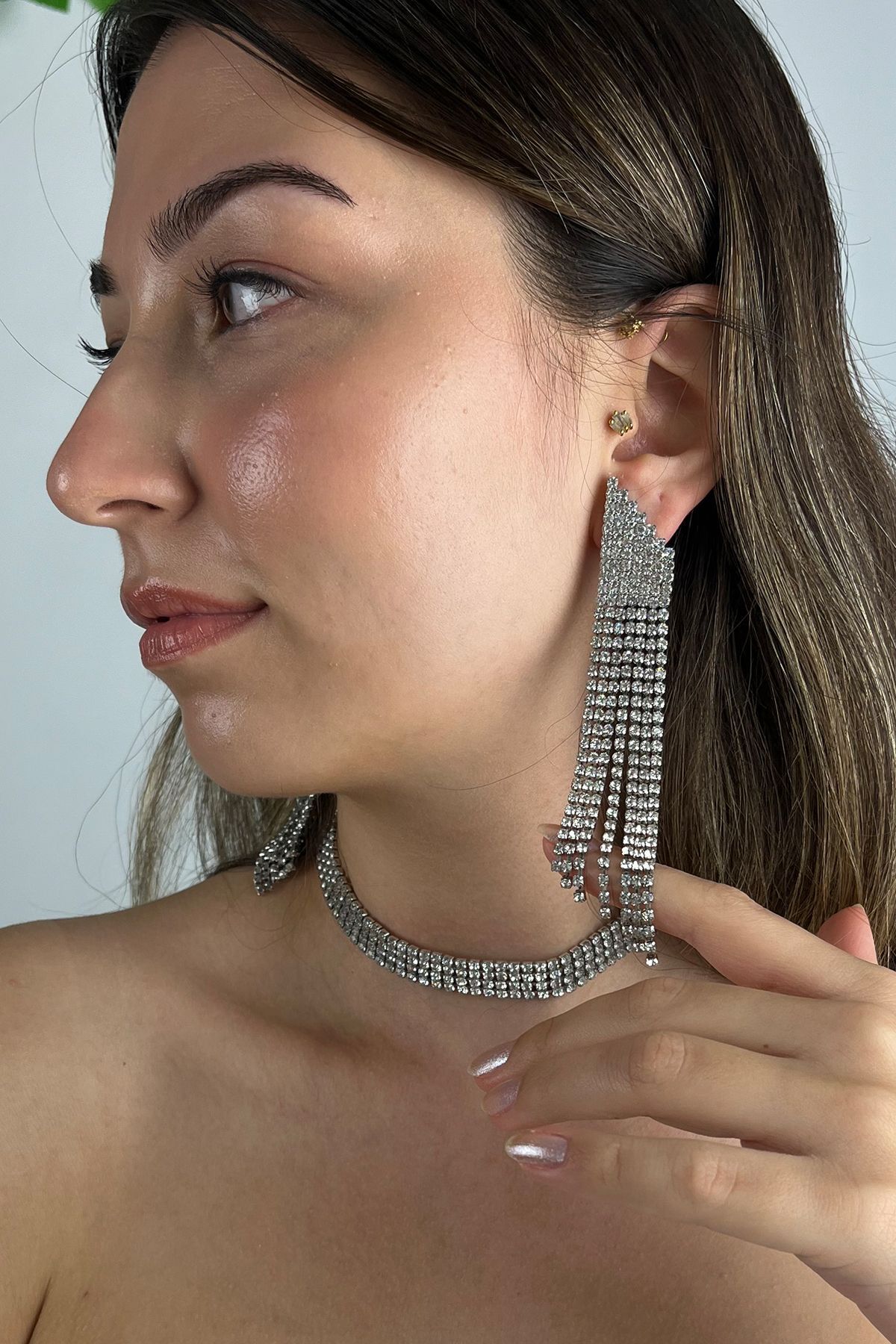Kadın Glo Model Taşlı Gümüş Pırlanta Su Yolu Kolye Küpe Abiye Düğün Nişan Kına Söz Gelin Takı Seti 6
