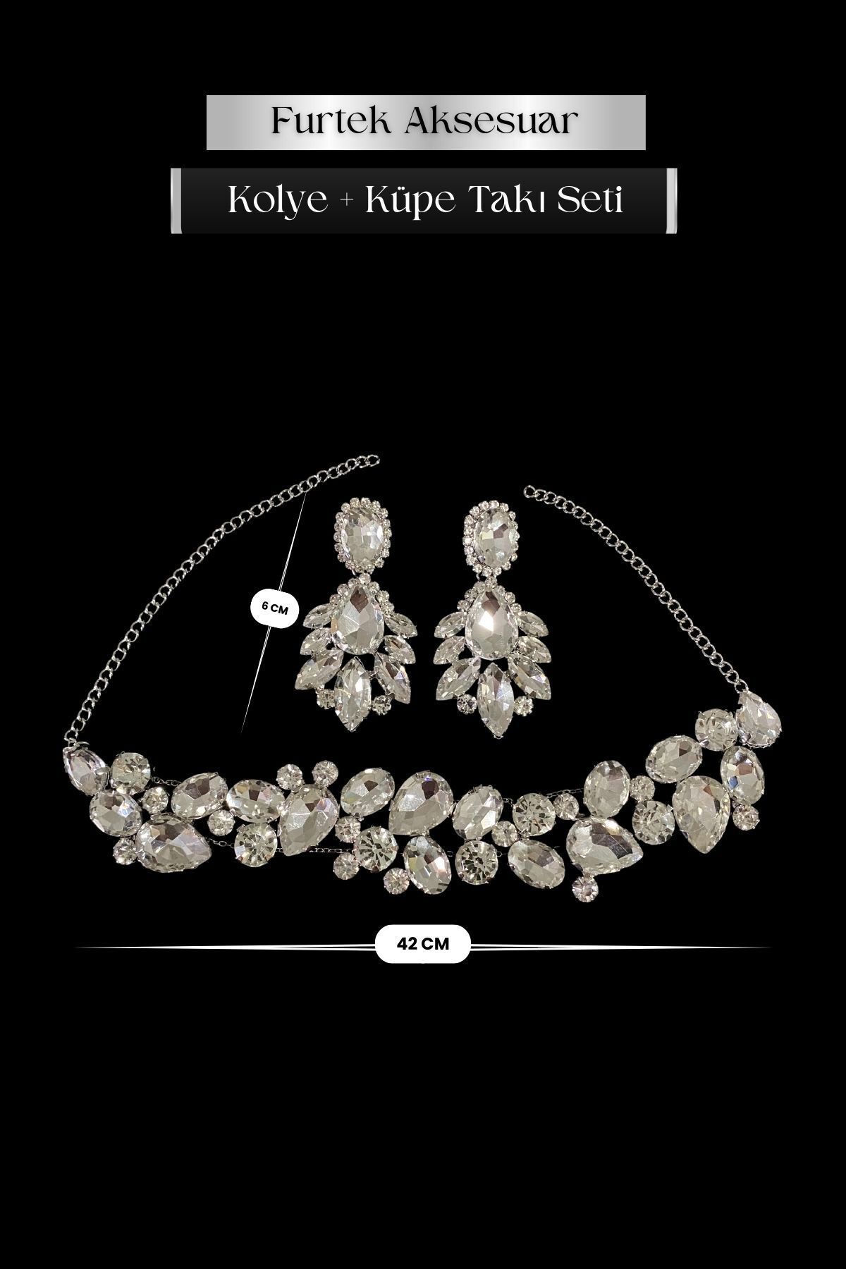 Furtek Aksesuar Kadın Zenite Kolye Küpe Model Kristal Zirkon Taşlı Gümüş Kaplama Abiye Elbise Kombin Takı Seti