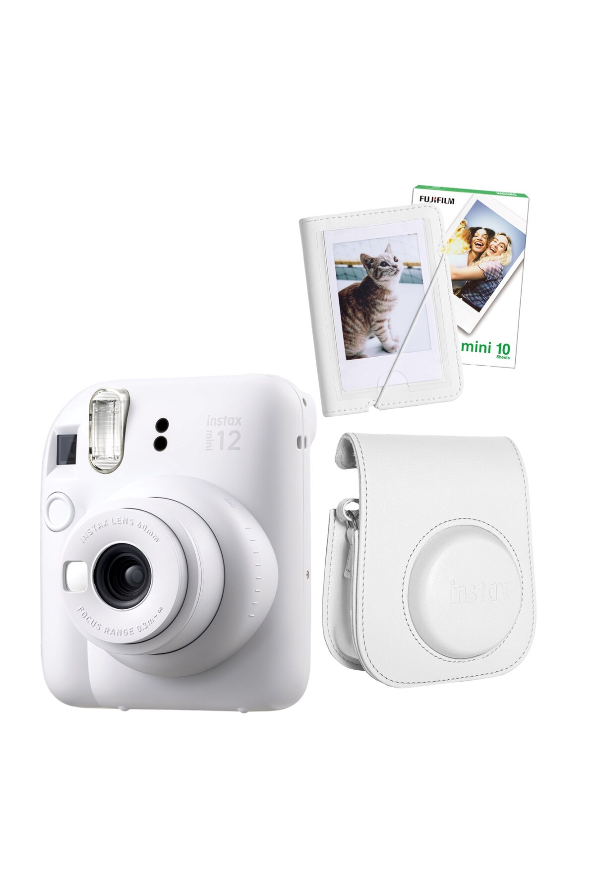 Fujifilm Instax Mini 12 10 Filmli Mini Albüm ve Deri Kılıflı Beyaz Fotoğraf Makinesi