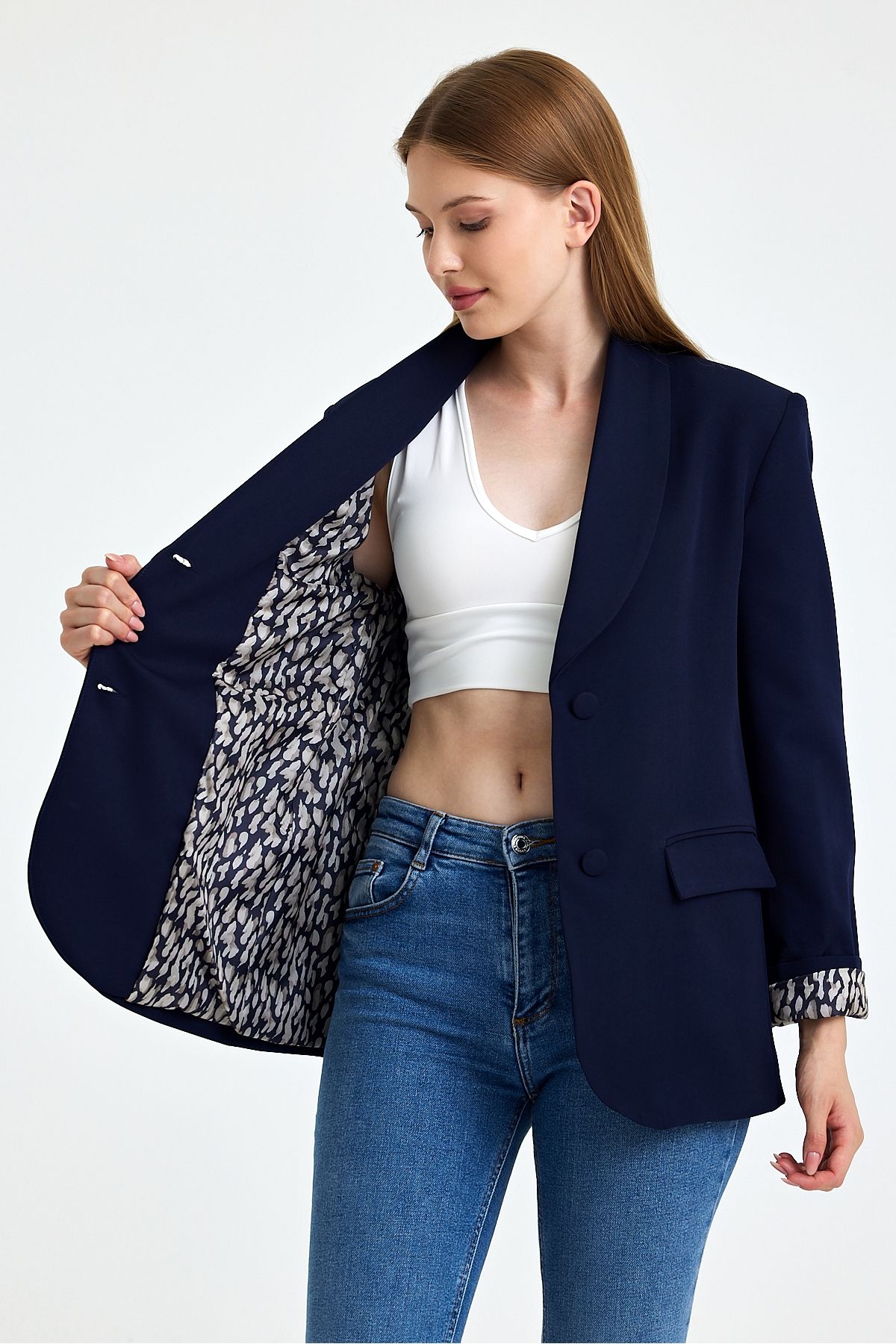 Safari-Navy Blue Oversize Lining Detailed Blazer Jacket 4