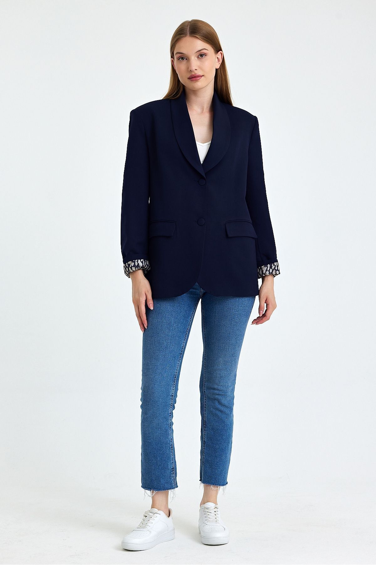 Safari-Navy Blue Oversize Lining Detailed Blazer Jacket 1