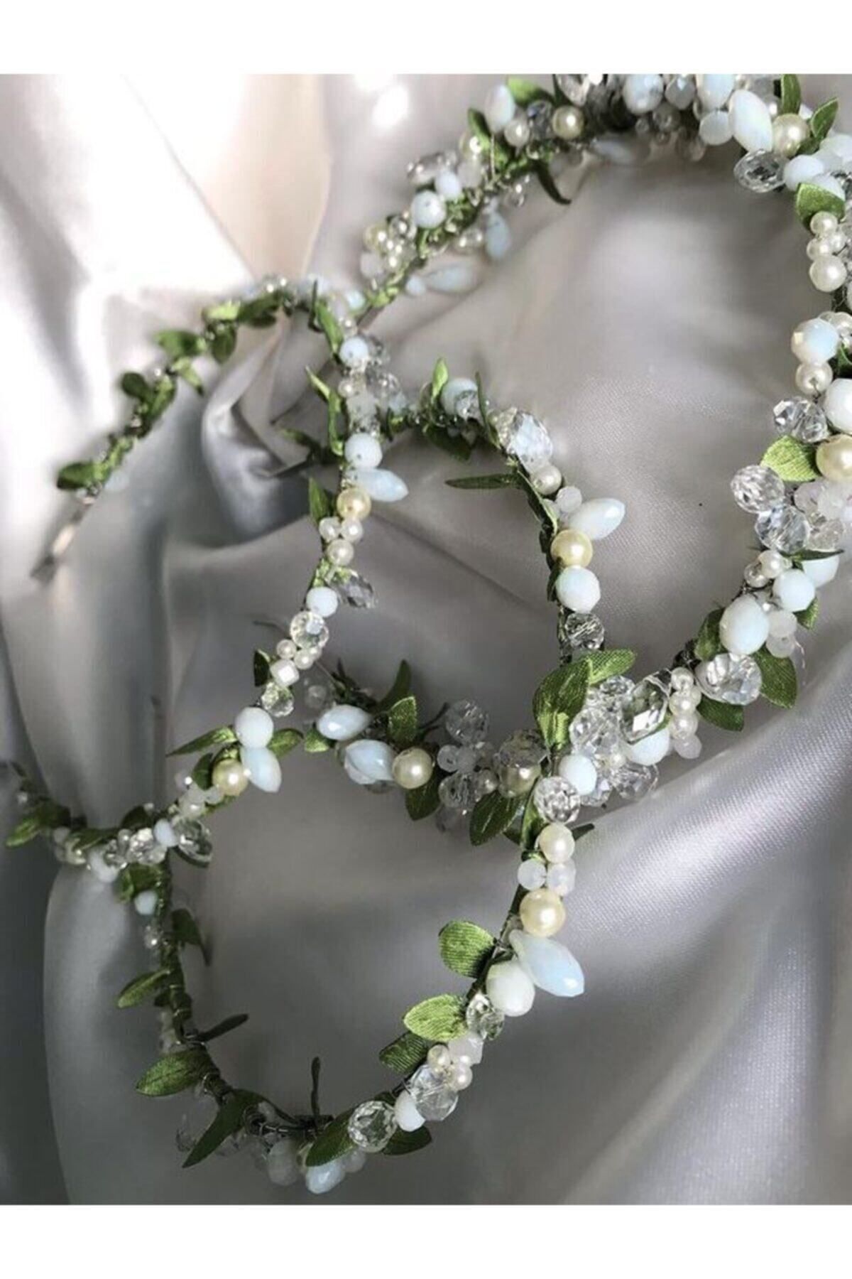 Beyaz Yeşil Lyapraklı Gelin Tacı Lohusa Tacı Kına Düğün Nikah Nişan Hamile Tacı Saç Bandı Taç 2