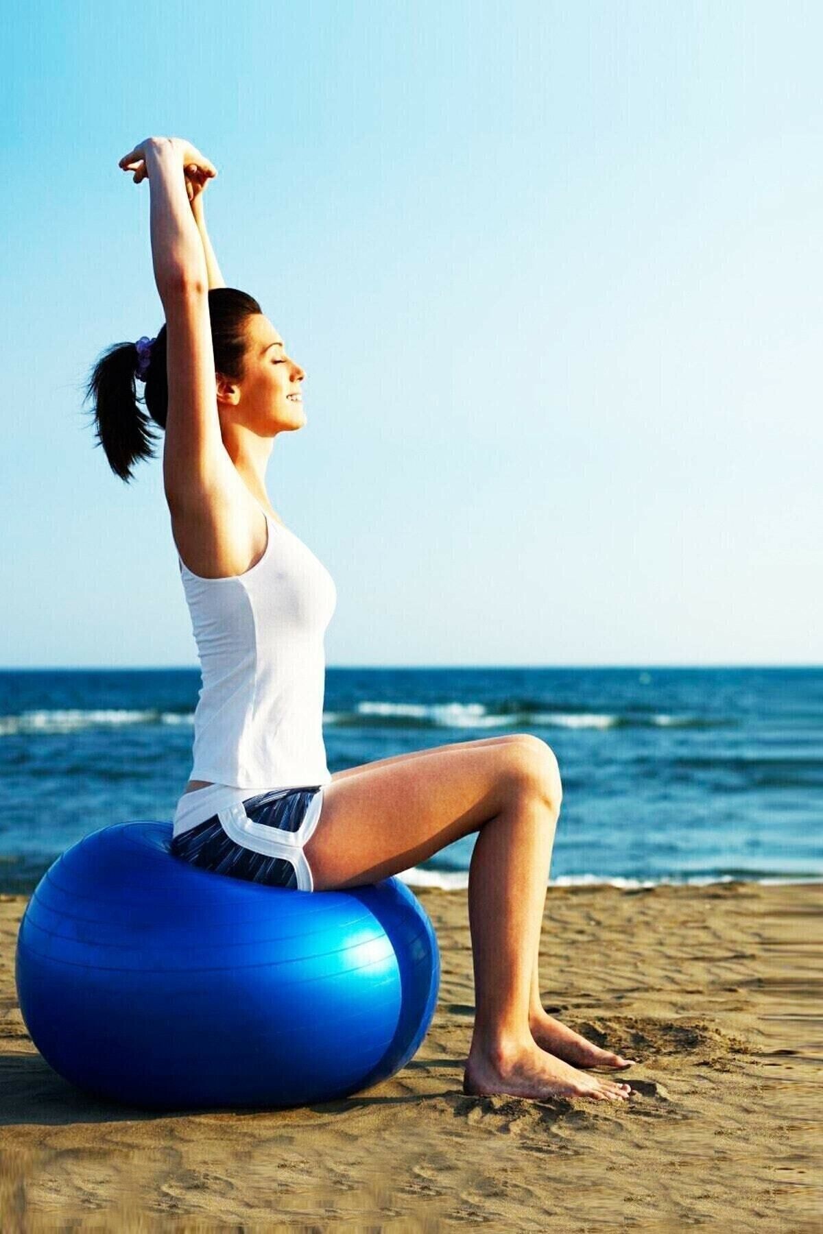 pekial 65 Cm Mavi Pilates Topu Ve Şişirme Pompası, Yoga Plates Egzersiz Topu Ball