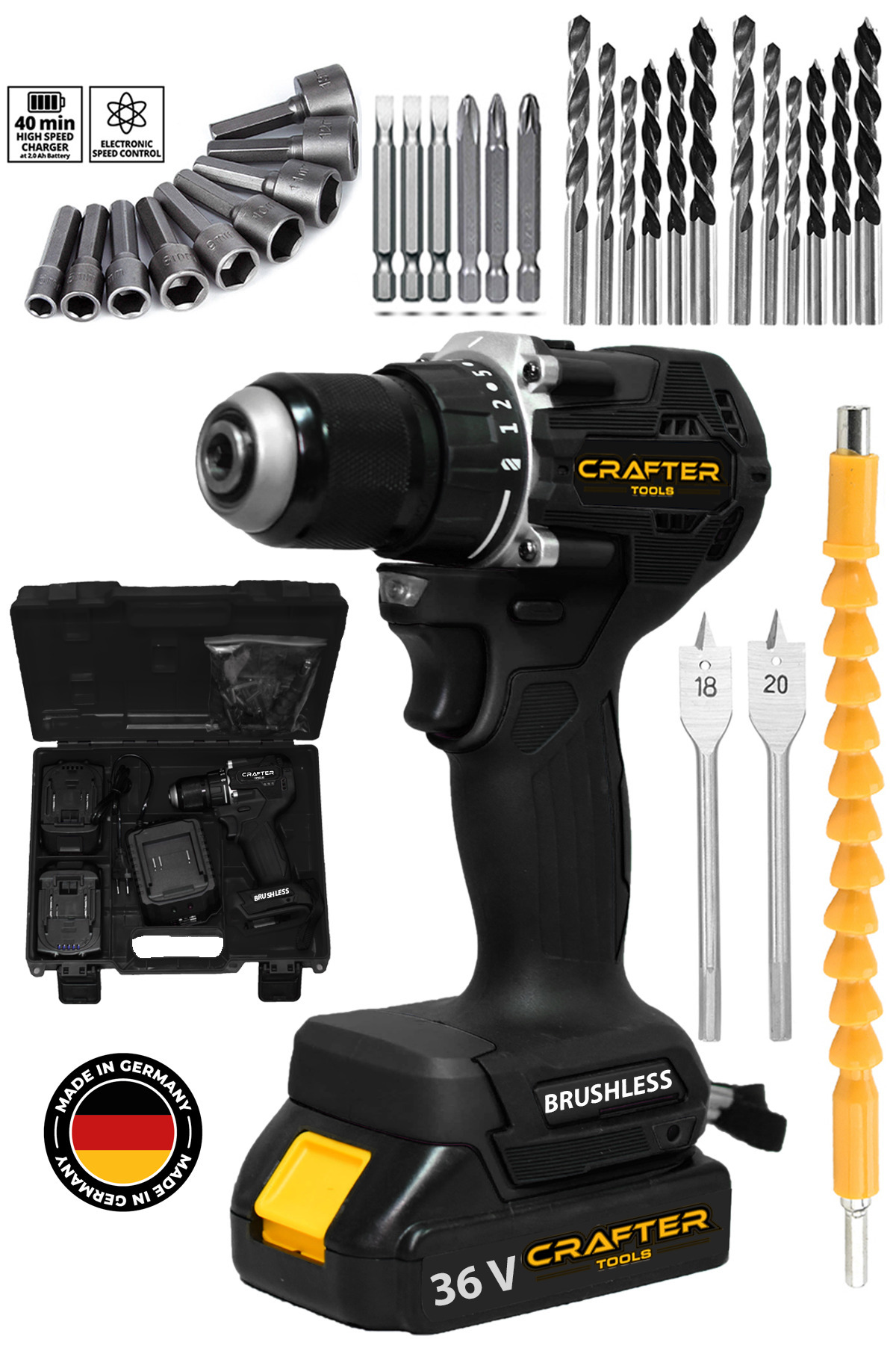 CRAFTERTOOLS Germany 36V 5Ah Çift Batarya Kömürsüz Motor 10mm Çelik Mandren Akülü Vidalama Şarjlı Matkap