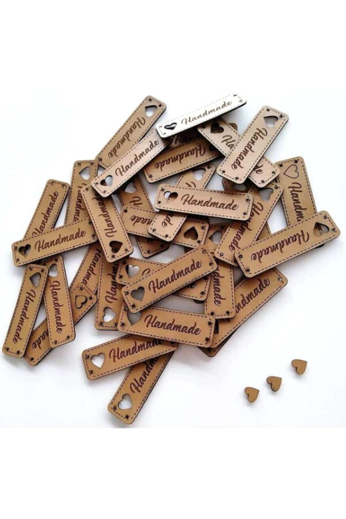 Fon Deri Etiket Oyuk Kalpli Handmade Deri Etiket 20 Adet