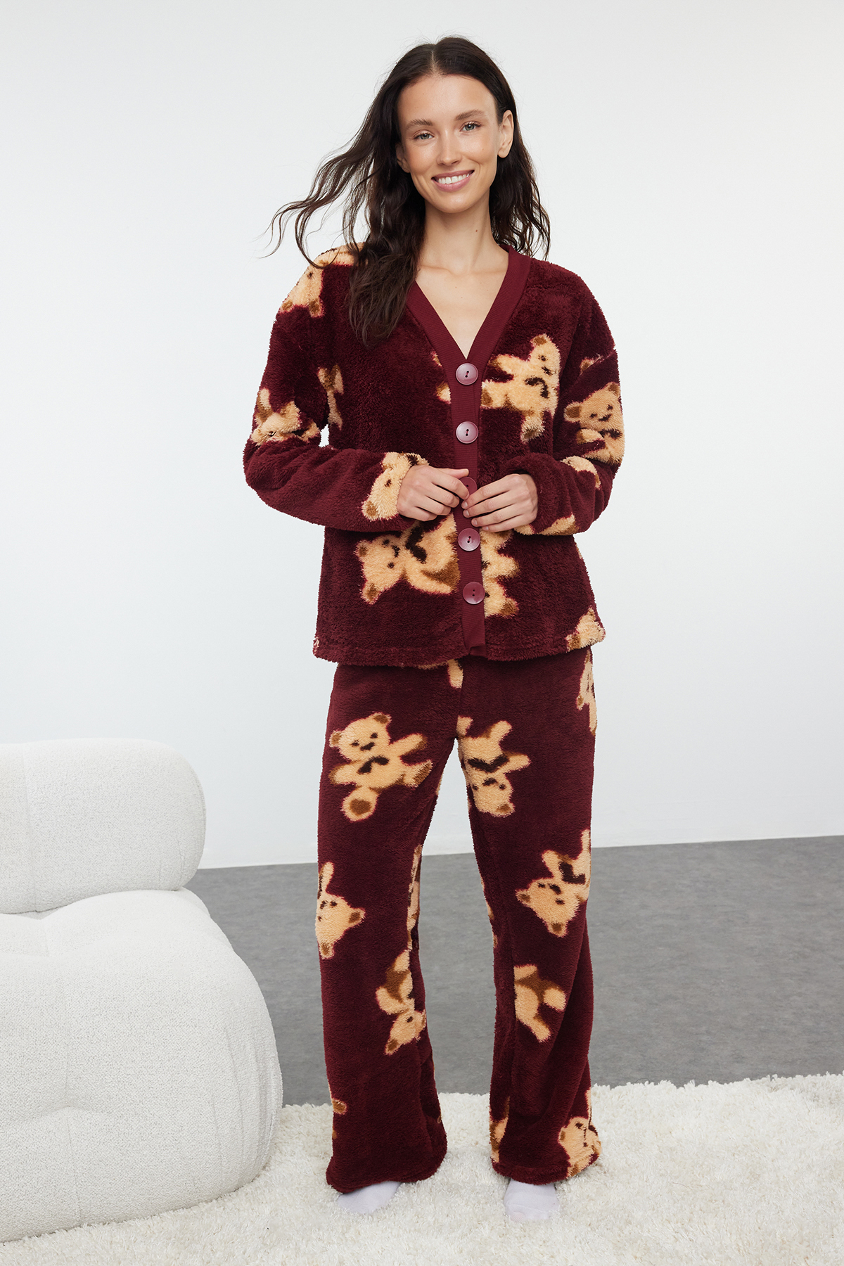 Trendyolmilla Bordo Ayıcıklı Wellsoft Kışlık Örme Pijama Takımı THMAW25PT00055